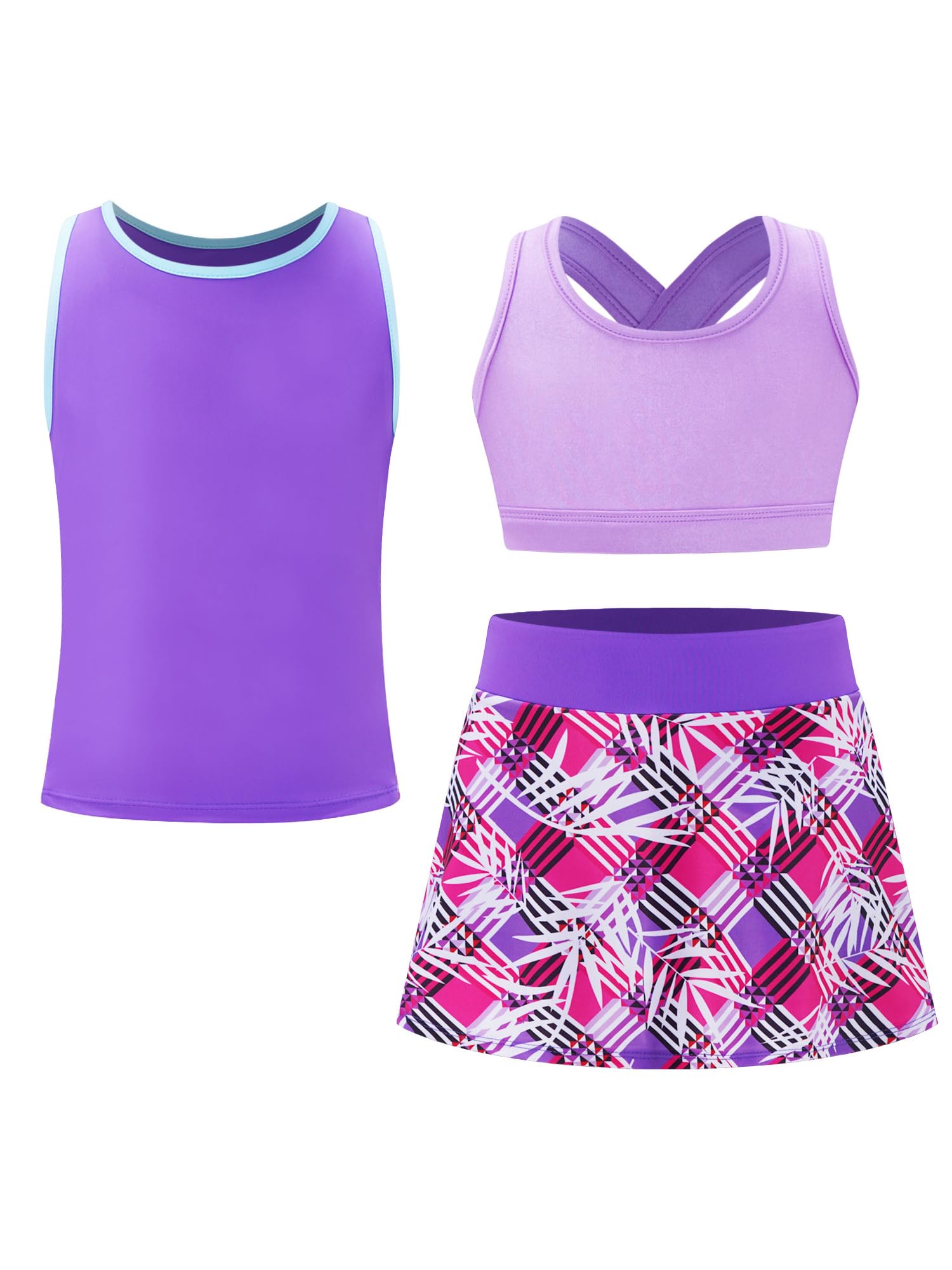 IEFIEL Traje Deportivo de Verano para Niñas Chándales Top y Sujetador y Falda con Leggings Conjunto de Tenis Golf Bádminton Correr 5-14 Años