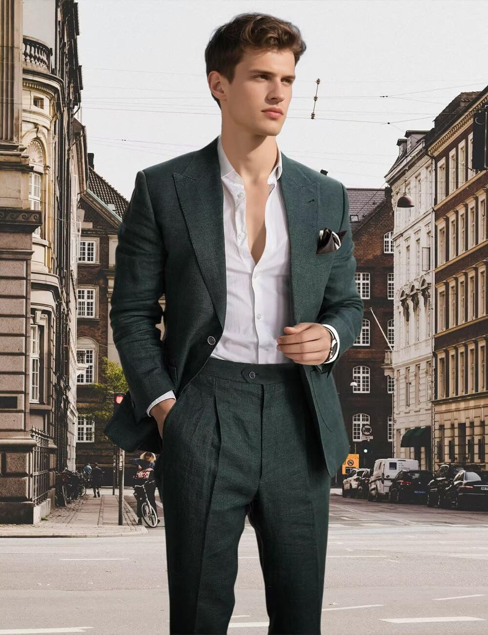 Linen Suit for Men 2 Pieces Summer Casual Suits Slim Fit Groomsmen Tuxedos Beach Wedding Party Blazer Pants Set