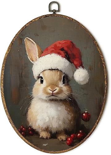 EGVQK Arte de pared ovalado vintage de conejito de Navidad, impresiones en lienzo con marco rústico de granja, arte de pared, retro acogedor