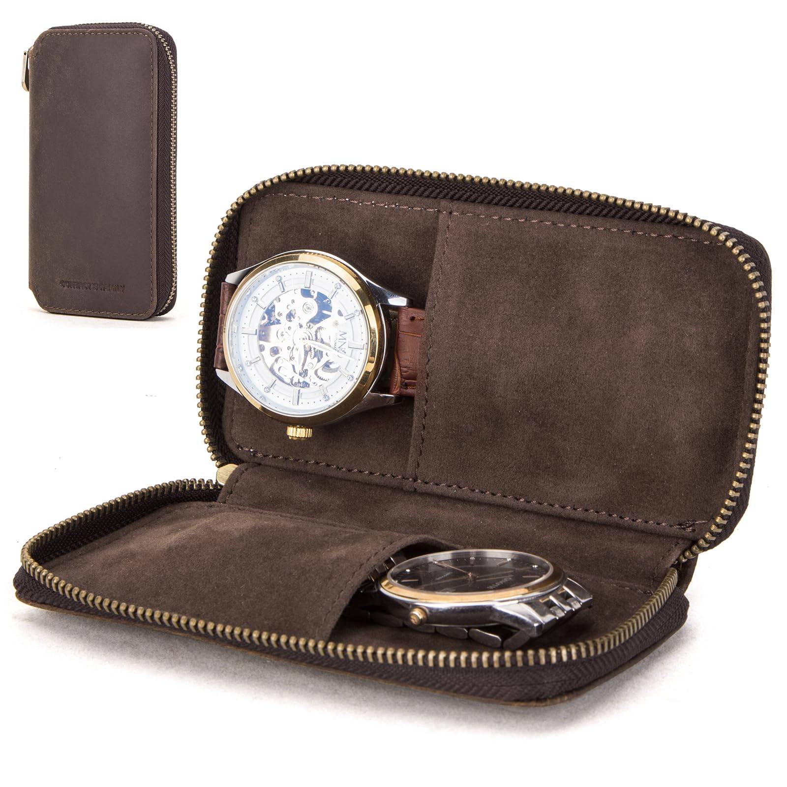 NFBCXUTKW Watch Storage Case, Genuine Leather Portable 2 Piece Watch Protective Pouch for Jewelry Watch with Watch Holder (Coffee)