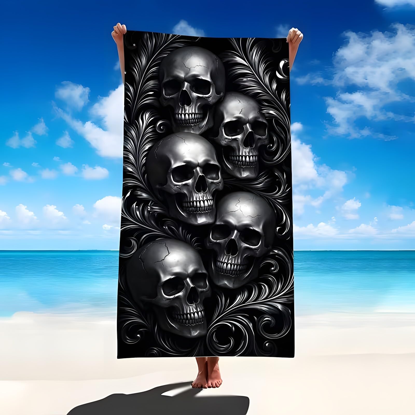 YZQGLHP Skull Microfibre Beach Towel Leaves Beach Bath Towel Quick Drying, Lightweight, Sand-Free, Durable, for Pool, Gym, Camping, Travel Towel 80x180cm