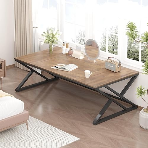 Miniatura 8 de HSH Escritorio largo rústico para computadora, mesa de oficina industrial grande de metal de madera, estación de estudio de trabajo de escritura,