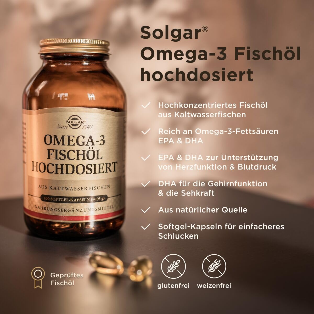 SOLGAR® Omega-3 Fischöl hochdosiert | Kaltwasser-Fischöl mit EPA und DHA | Mehrfach ungesättigte Fettsäuren | mit 1764 mg Omega-3-Fettsäuren pro Tagesdosis | 100 Softgel-Kapseln