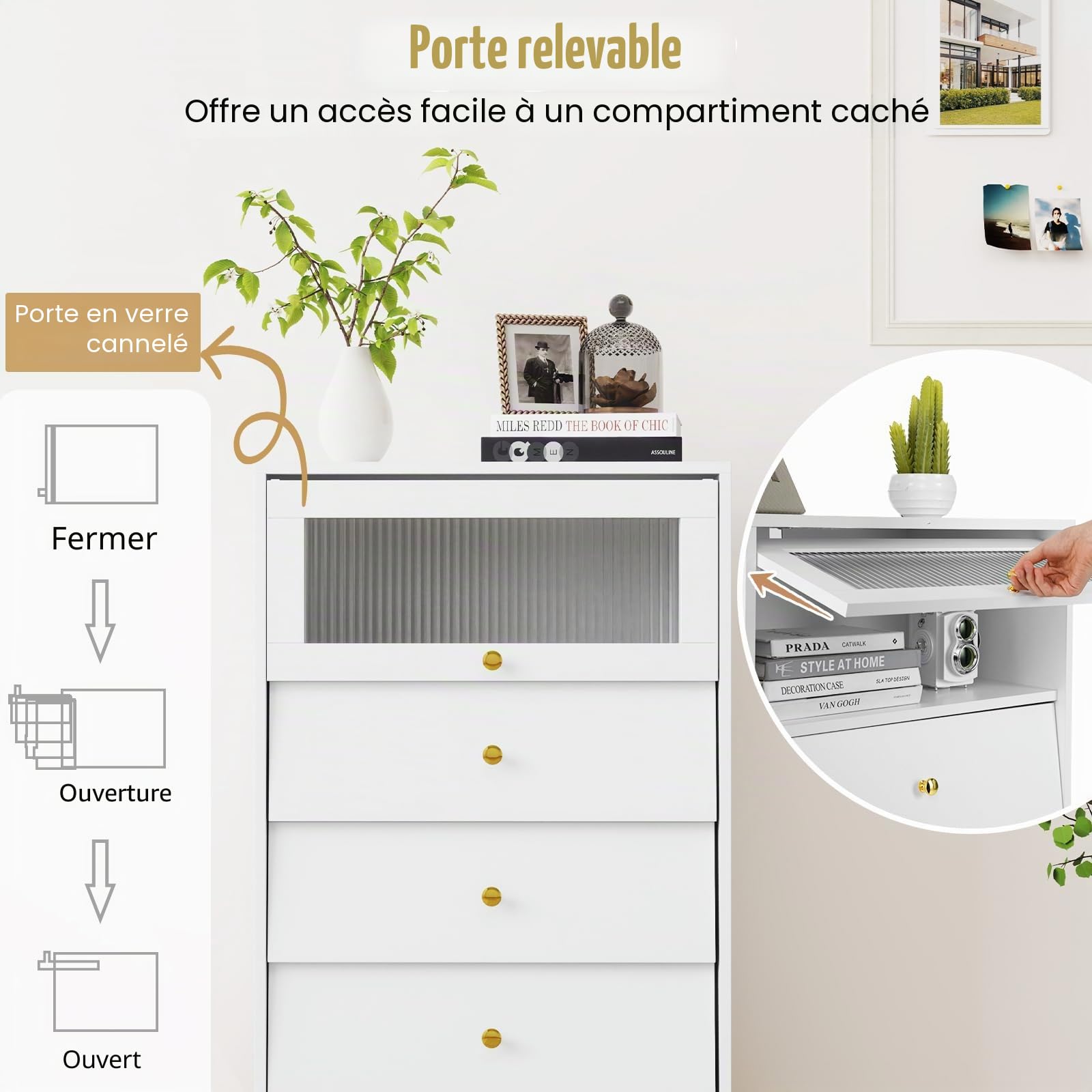 KOMFOTTEU Commode 3 Tiroirs, Armoire à Porte en Verre, 60x40x95,5cm