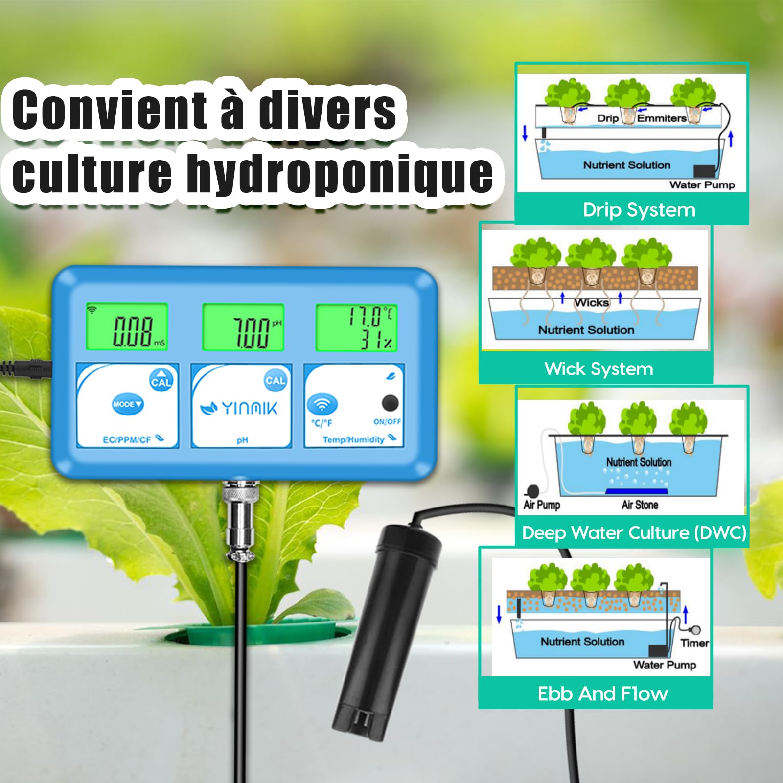 YINMIK Testeur Sel Piscine, Testeur de pH et Salinité Piscine avec Affichage Simultané, 5 en 1 Salinomètre, Testeur pH Conductivité Sel EC TDS Temp pour Aquarium, Spa, Eau Potable, Hydroponique Visite
