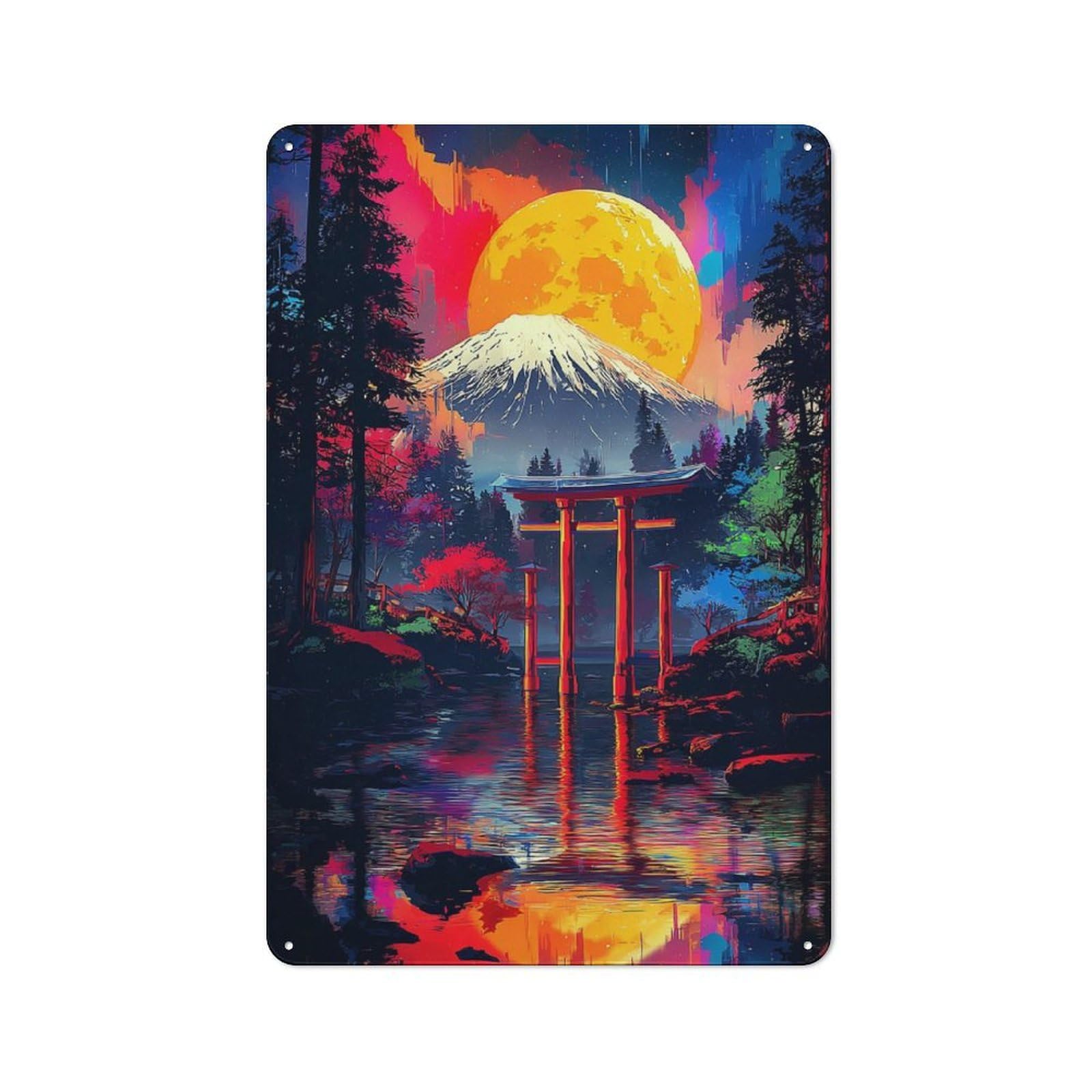 Japanese Torii Gate Under Full Moon Metal Wall Plaque 30x20cm, Everyday Small Space Decor for Flat, Dorm Room, Lounge Or Cafe