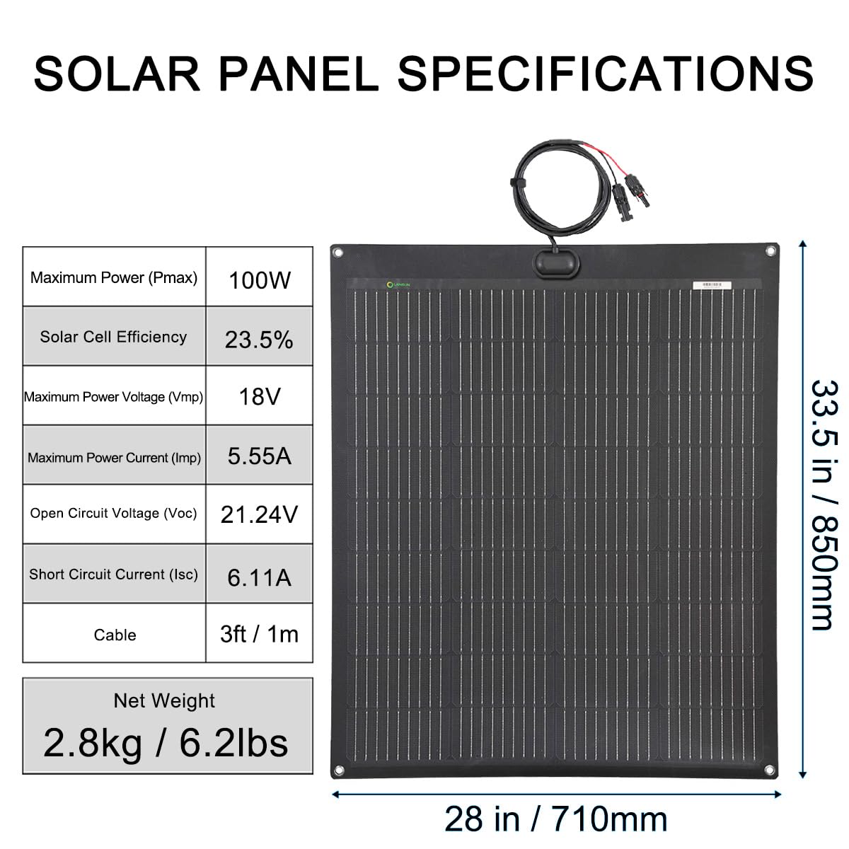 Lensunsolar Pannello solare flessibile ETFE nero, 100 W, 12 V, PERC 9BB, efficienza del 23,5%, celle solari mono, per camper, barche, campeggio, tenda