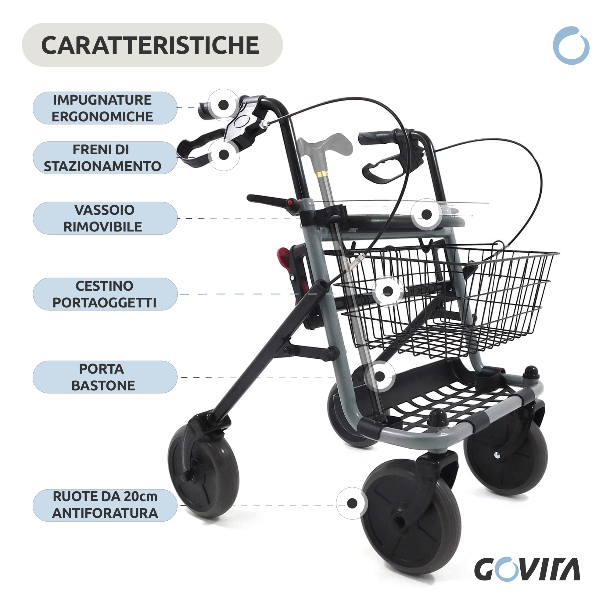 GOVITA - Deambulatore Pieghevole per Anziani con Seduta e Cestino – Rollator a 4 Ruote da Interno ed Esterno, Carrello Girello Regolabile con Freni e Portaoggetti