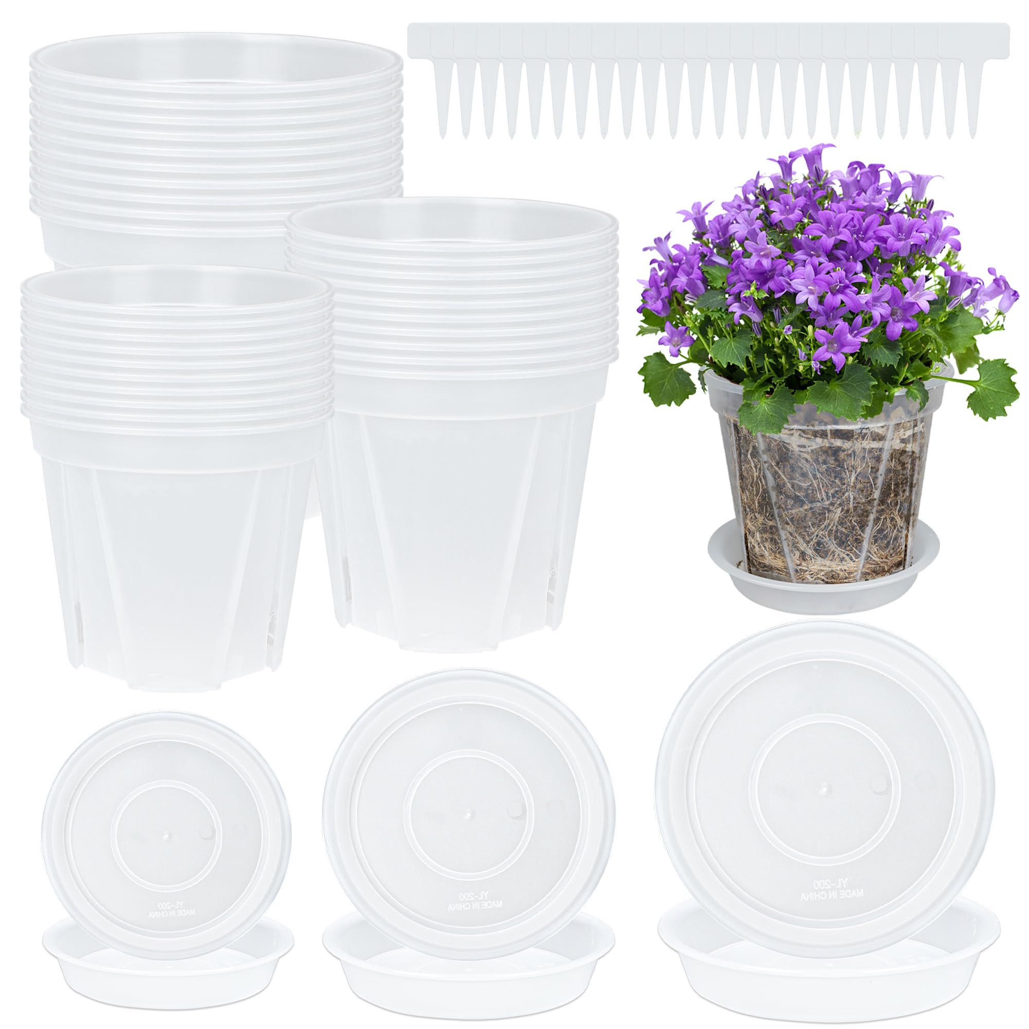 Lot de 15 pots de jardin en plastique transparent avec plateaux avec trou de drainage pour plantes d'intérieur, légumes, fleurs avec 50 étiquettes