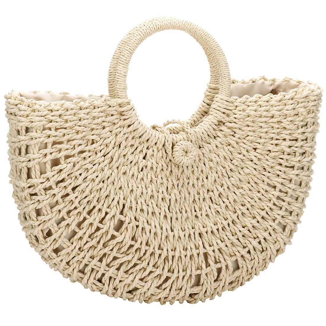 YYW Rattan Bags for Women,Hand-woven Straw Large Hobo Bag Round Handle Ring Tote Retro Summer Beach Rattan Tote (Off white)