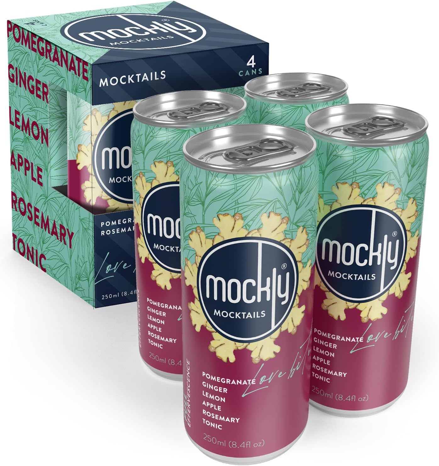 Mockly Love Bite Booze-Free Cocktail | Ready To Drink Non-Alcoholic Cocktail | Mocktail Drink Mixer | Pomegranate Ginger Lemon Apple Tonic Rosemary | Zero Proof | 4-Pack