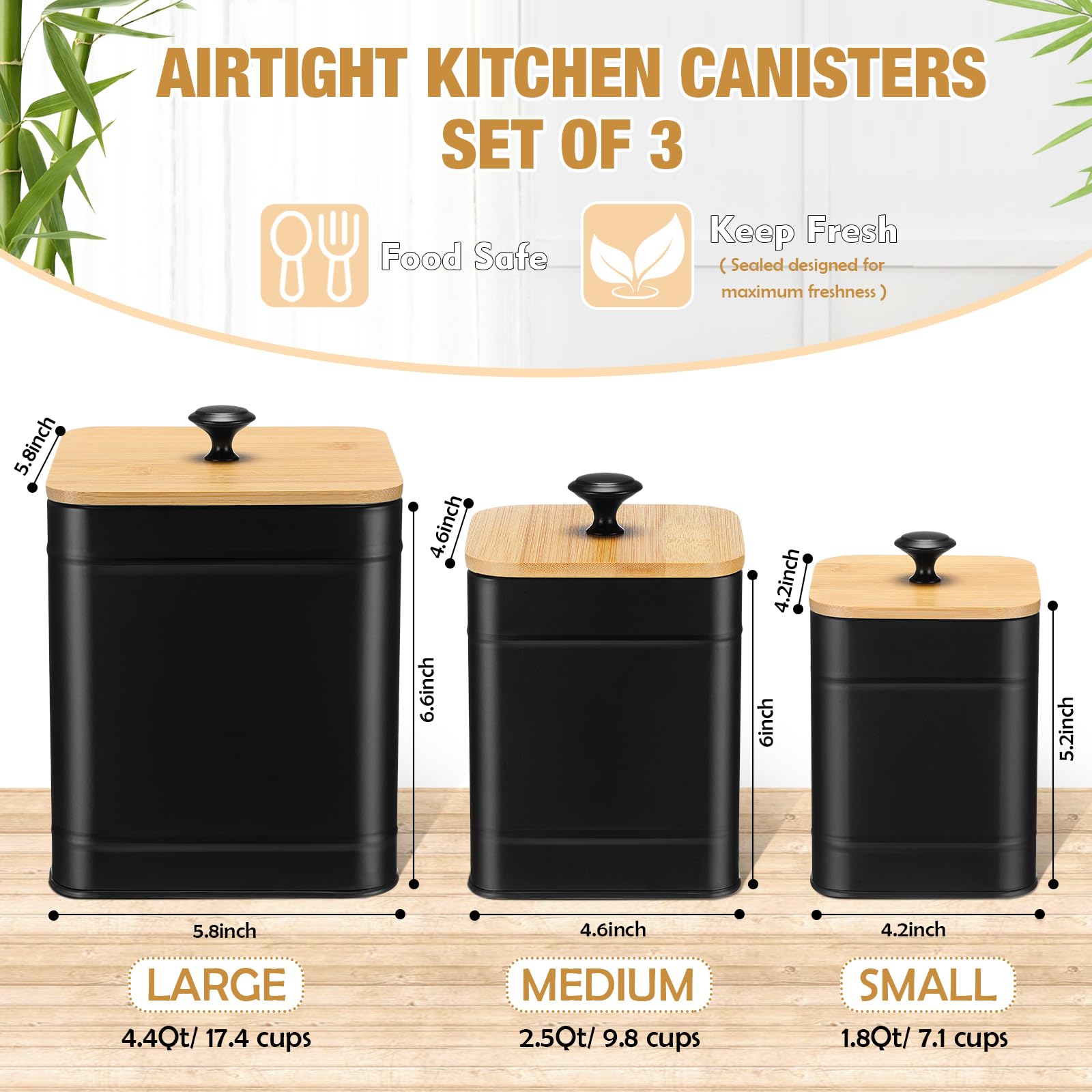 Tioncy 3 barattoli da cucina in metallo con coperchio in bambù, cucchiaio, ermetici, ad alta capacità, per caffè, tè, zucchero, farina, con etichette fai da te, contenitori extra large (nero)