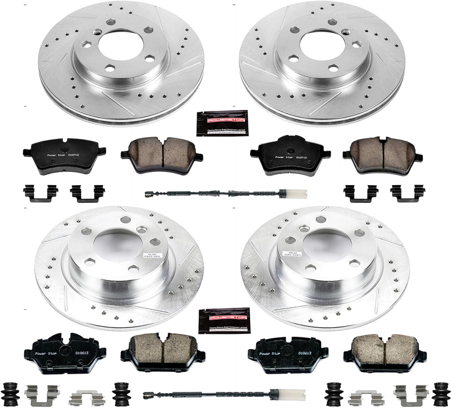 Power Stop K6663 Front and Rear Z23 Carbon Fiber Brake Pads with Drilled & Slotted Brake Rotors Kit and 1 Front & 1 Rear Sensor Wires For Mini Cooper Countryman, Mini Cooper Paceman [Model Specific]