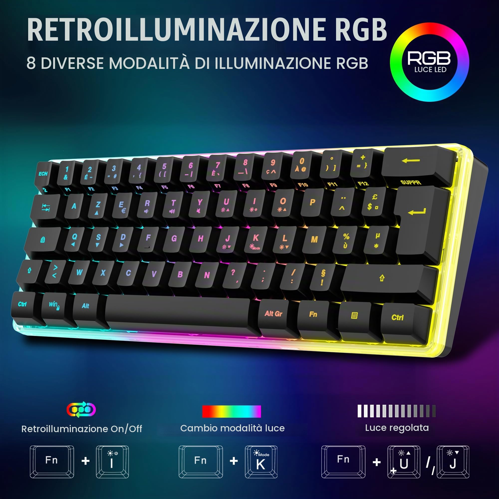 RedThunder K62 60% tastiera e mouse da gioco senza fili RGB,AZERTY francese 62 tasti mini tastiera retroilluminata ultra compatta, mouse ottico cellulare leggero, kit portatile per PC PS5 Xbox