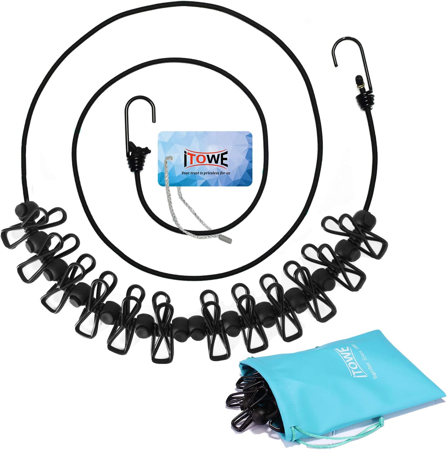 ITOWE Travel Clothesline Portable Clothesline Elastic Clothesline Adjustable Clothesline with 12pcs Travel Clothespins for Outdoor and Indoor Clothesline with Windproof Peg Bungee Clothesline