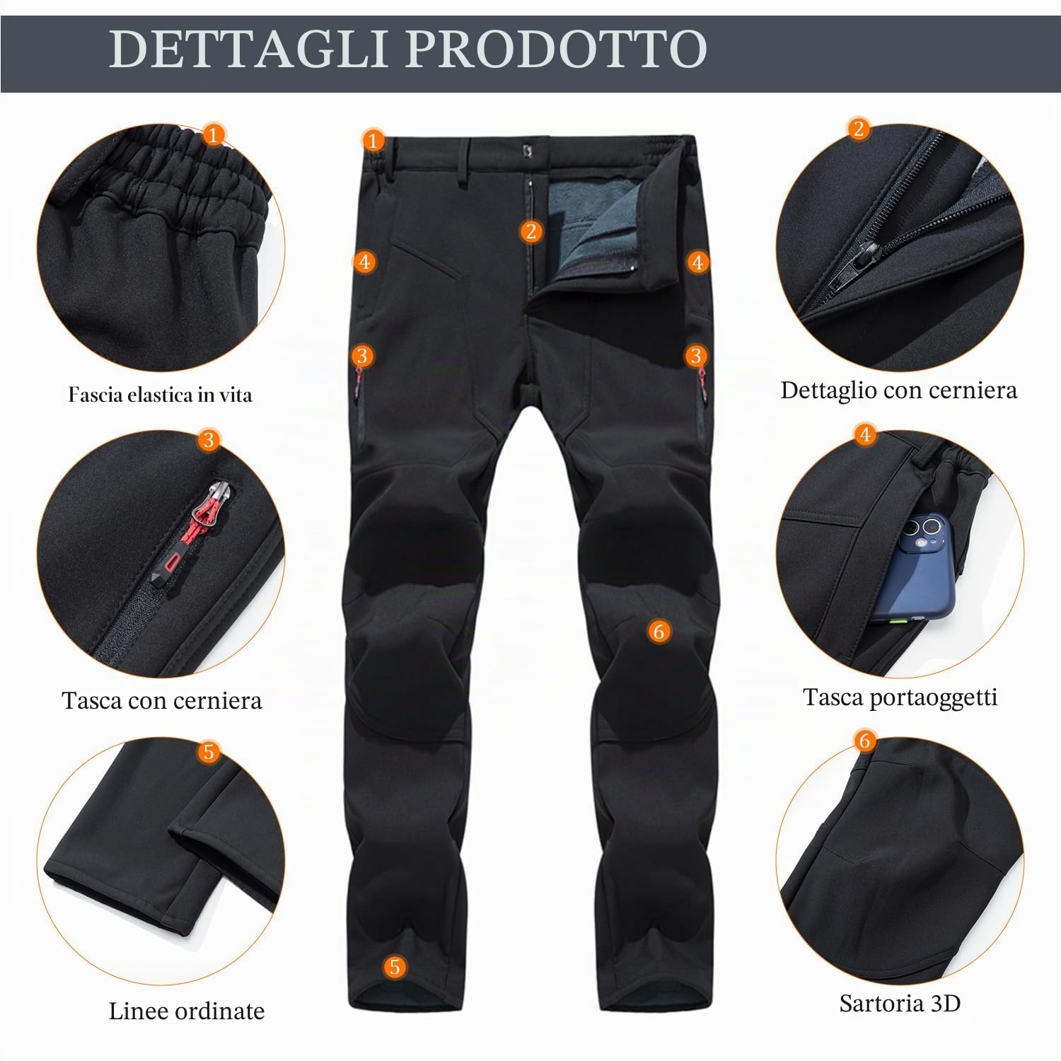 Uomo Outdoor Foderati in Pile Pantaloni Invernali Resistenti all'Acqua per la Pesca Passeggiate Escursioni Softshell Pantaloni da Sci