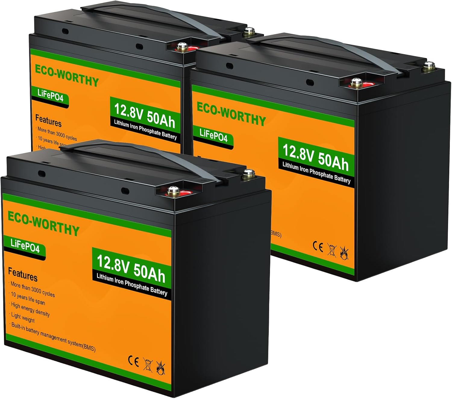 ECOWORTHY 12V 50Ah 3 Pack LiFePO4 Lithium Battery (Pack in