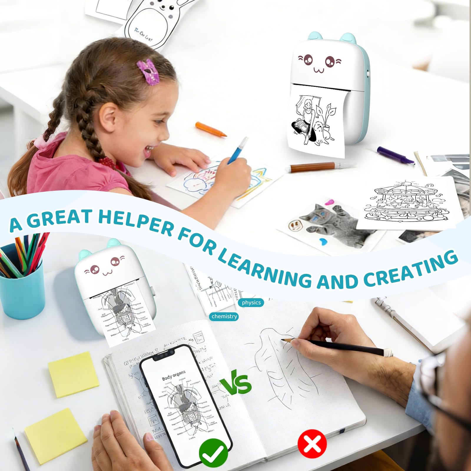 Printpod, mini stampante termica portatile, con 13 rotoli di carta da stampa, senza inchiostro, wireless, per telefoni iOS e Android, per appunti di studio, diari, fai da te, regalo