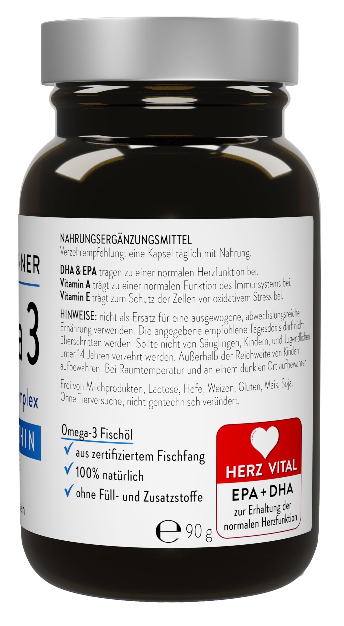 Dr. Heilbronner Omega 3 Astaxanthin Kapseln mit A & Vitamin E in der Glasflasche I Astaxanthin aus Algastin Oleoresin aus der Alge Haematococcus Pluvialis I 90 Gelatine-Kapseln
