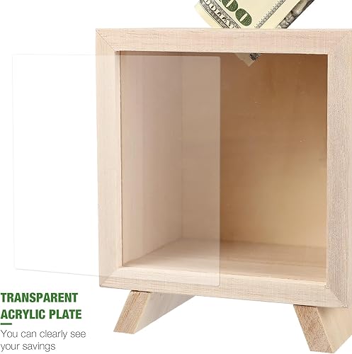 Miniatura 6 de Zerodeko Alcancía de madera transparente, debe romperse para abrir, caja de sombra vitrina banco de dinero, marco de madera, caja de monedas, Como