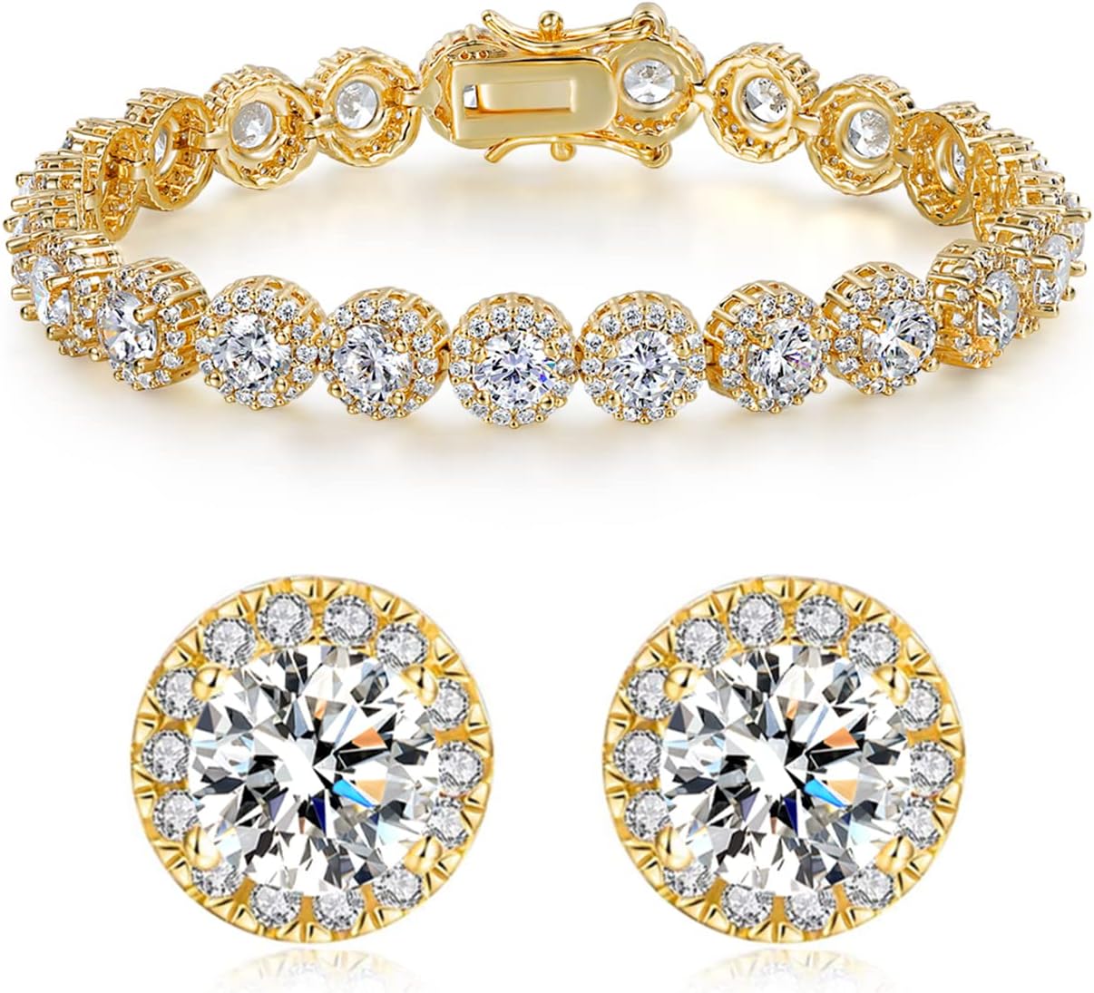 Gemsme 18K White Gold Plated Cubic Zirconia Tennis Necklace/Bracelet/Stud Earrings Set for Women Men