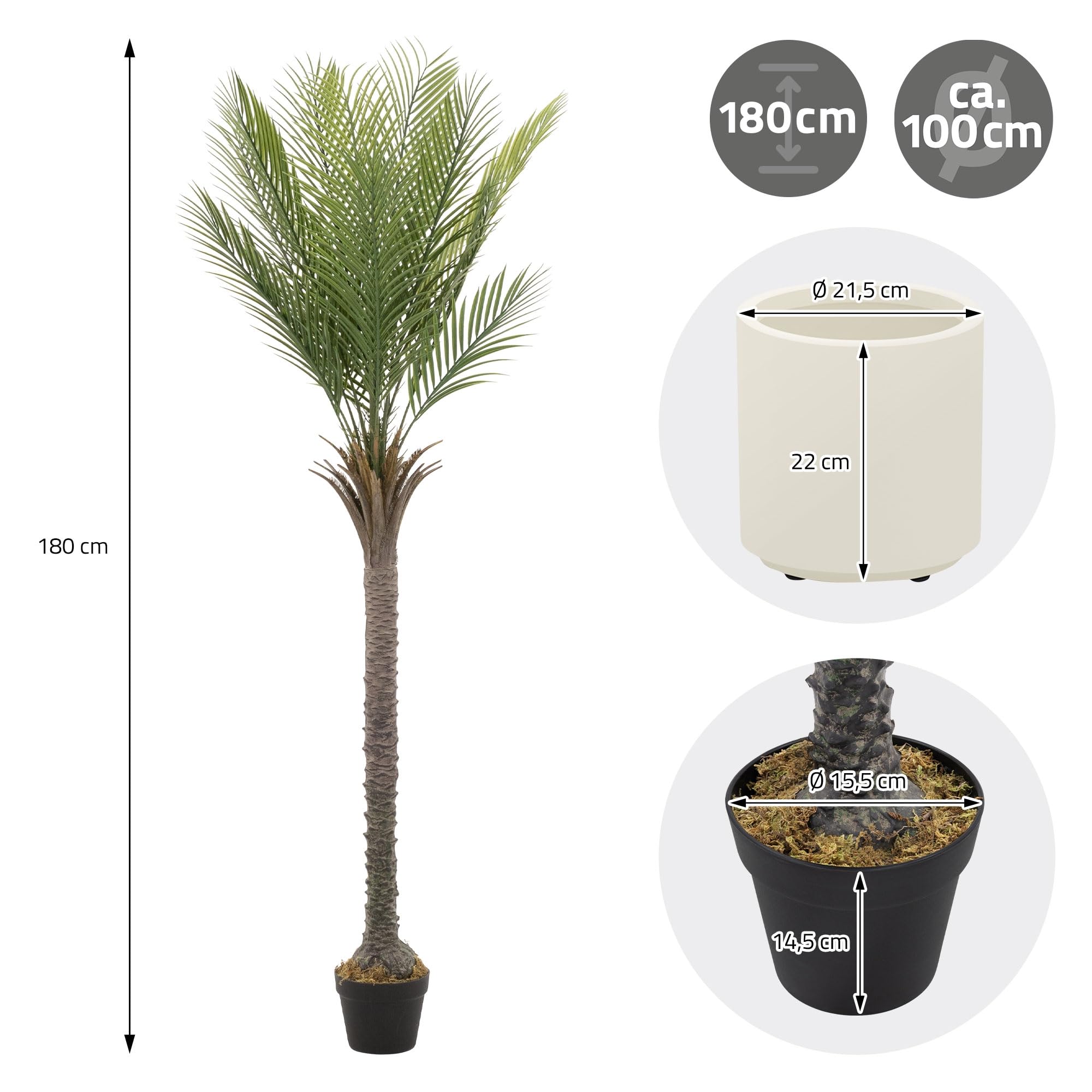 ML-Design Künstliche Palme 180 cm, Künstliche Pflanzen groß, Tropische Kunstpalme, Kunstpflanze, Fake Plant Deko, Plastik Pflanze im Topf für Indoor/Outdoor, Kunstbaum wie echt für Wohnzimmer Büro