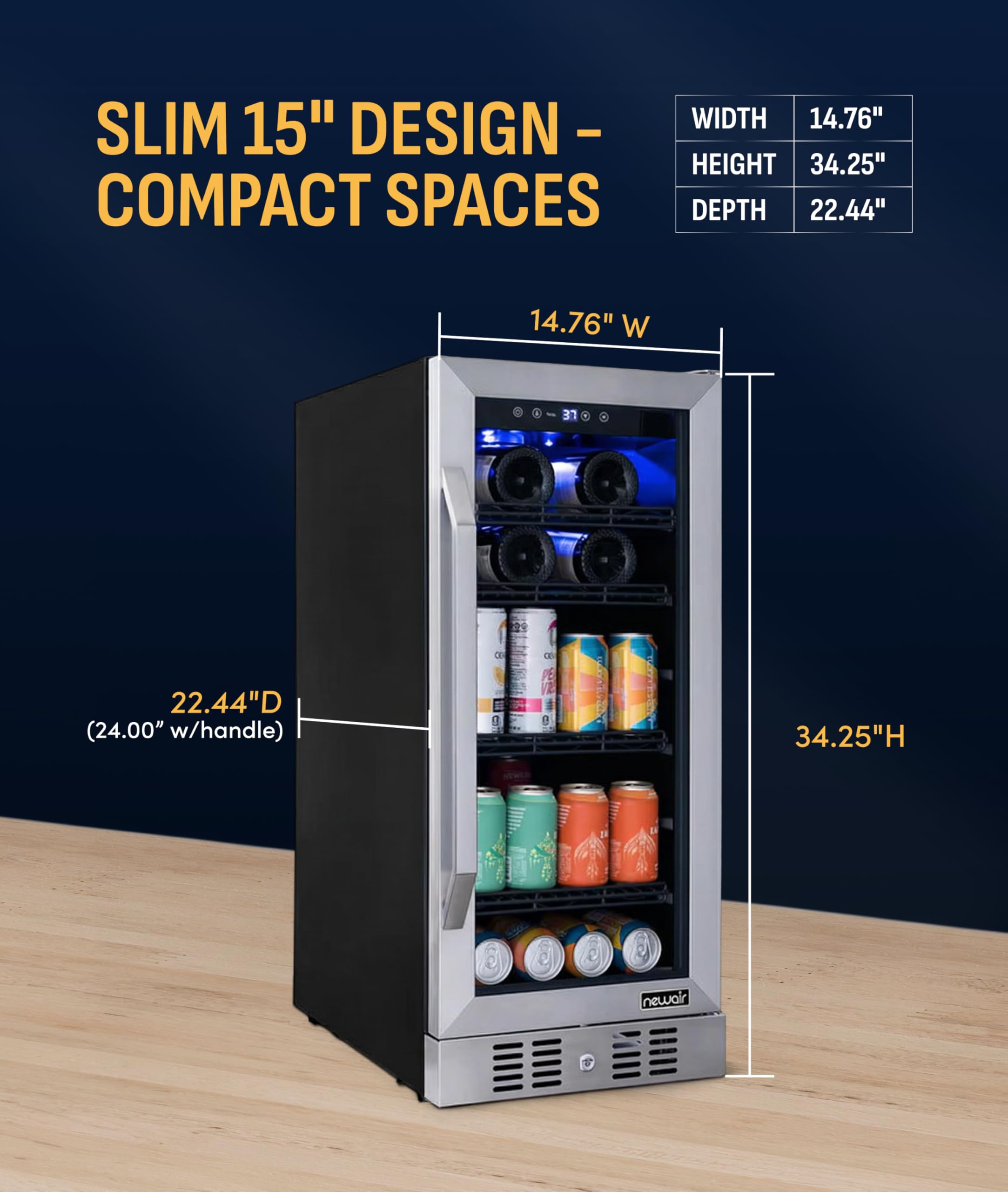 NewAir 15" Single Zone Beverage & Wine Fridge Beverage Refrigerator & Wine Cooler For 33 Bottles / 80 Cans | Freestanding Or Built-In Under Counter Mini Fridge For Beer, Wine & Soda | Stainless Steel on Fridge.com - View 4