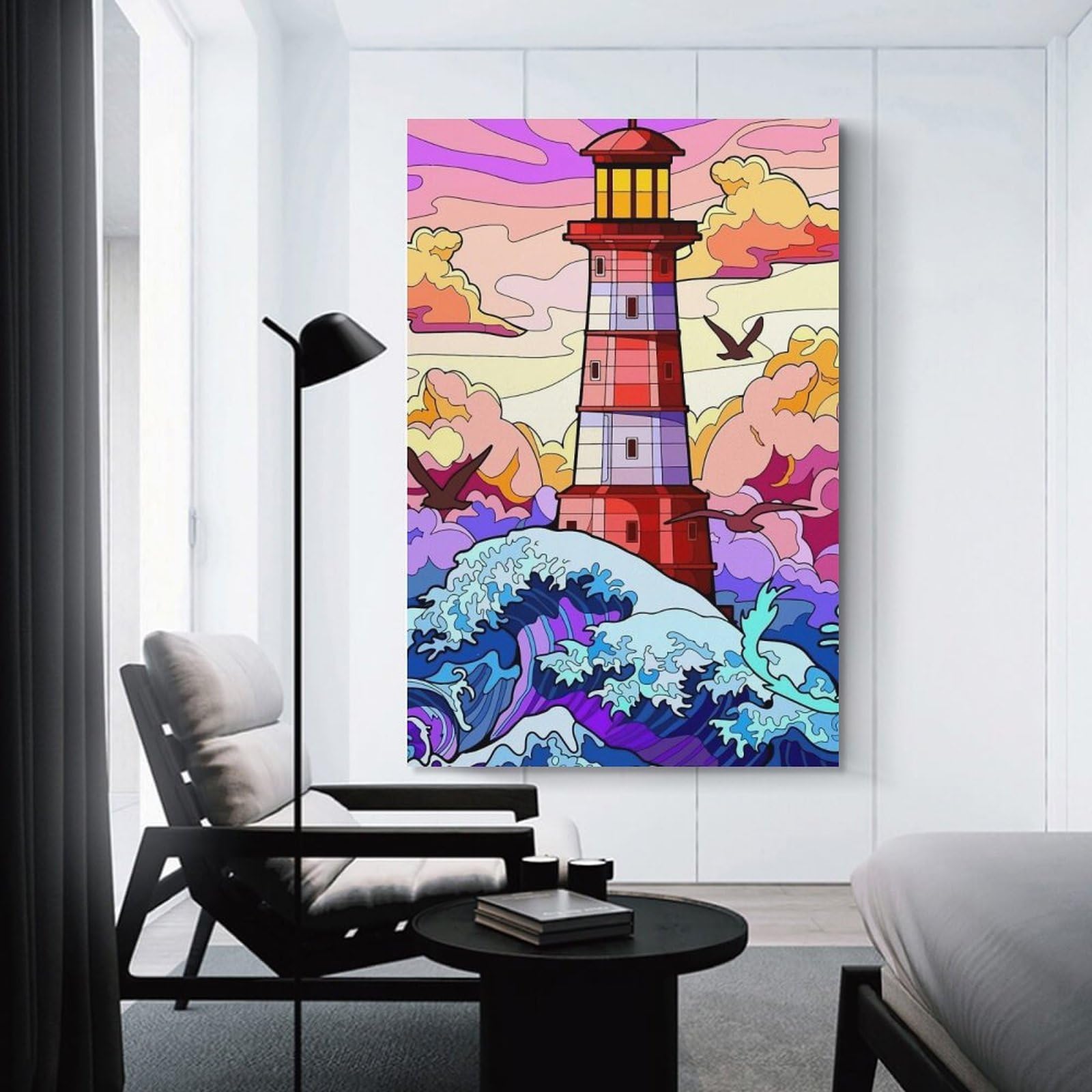 Junmoney Lighthouse in A Stormy Sea Wall Art Print, 24x36inch(60x90cm), for Office, Study Or Home Workspace, Decorative Artwork for Productive Spaces