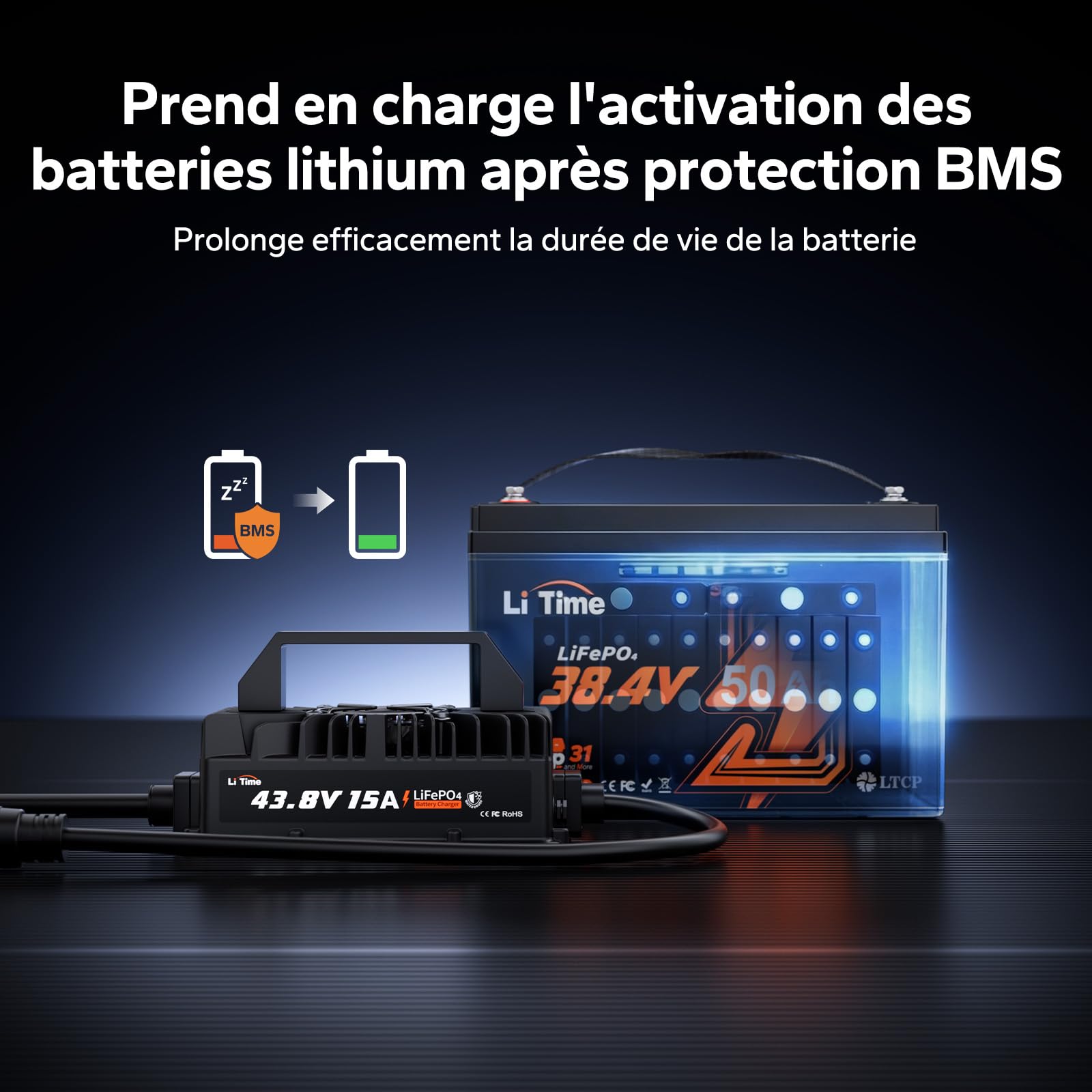 LiTime Chargeur Batterie LiFePO4 36V 15A, Chargeur Lithium 43,8V IP66 Étanche avec Activation de Batterie, Indicateur LED, Chargeur Intelligent 3 Étapes pour Golf Cart, Camping-Car, Bateau
