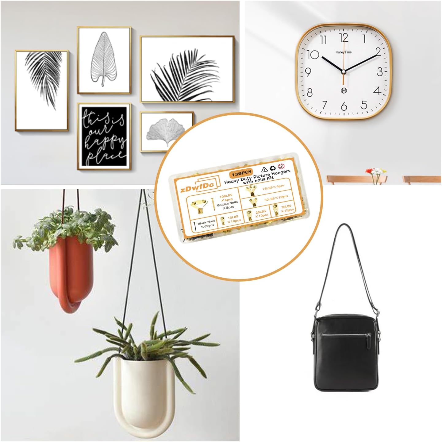 130PCS Heavy Duty Picture Hanging Kit 10-100lbs Picture Hangers Hooks for Hanging Hardware, Plaster Walls, Clock, Mirror, Painting Hooks DD001