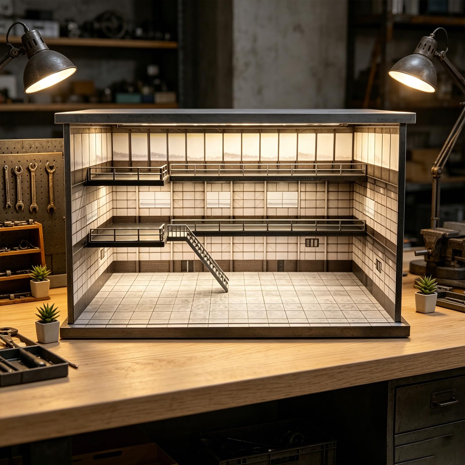Vetrina per garage in PVC con illuminazione, scatola di esposizione per auto a più livelli per scrivania da collezione in scala 1/64, supporto per auto in alluminio pressofuso per parcheggio in