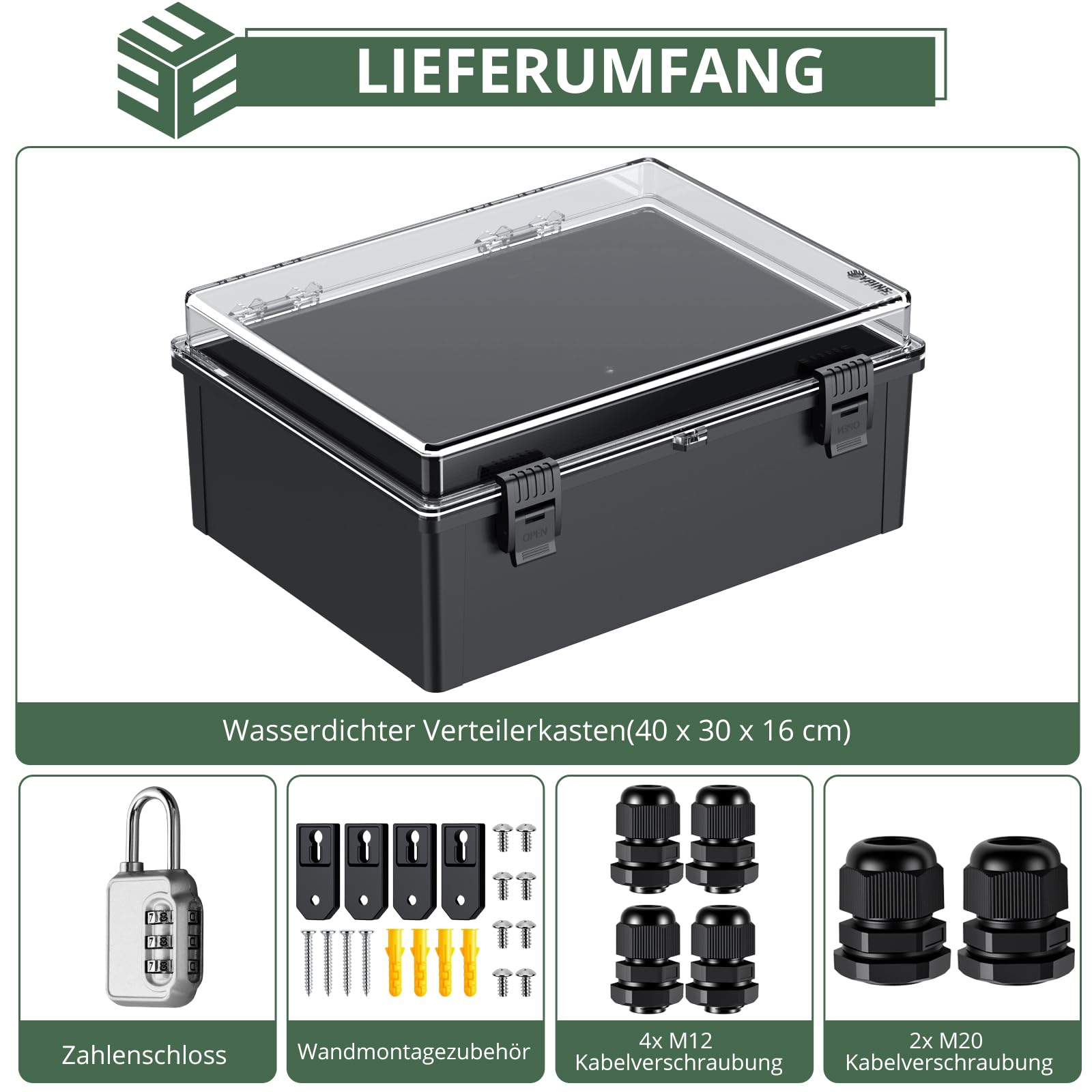 EYPINS Wasserdicht Verteilerkasten IP67, Anschlussdose Wasserdicht ABS Kunststoff Gehäuse außen Steckdosenkasten Schaltkasten Stromkasten mit Montagezubehör 40x30x16cm |Schwarz Schaltschrank/Sichttür