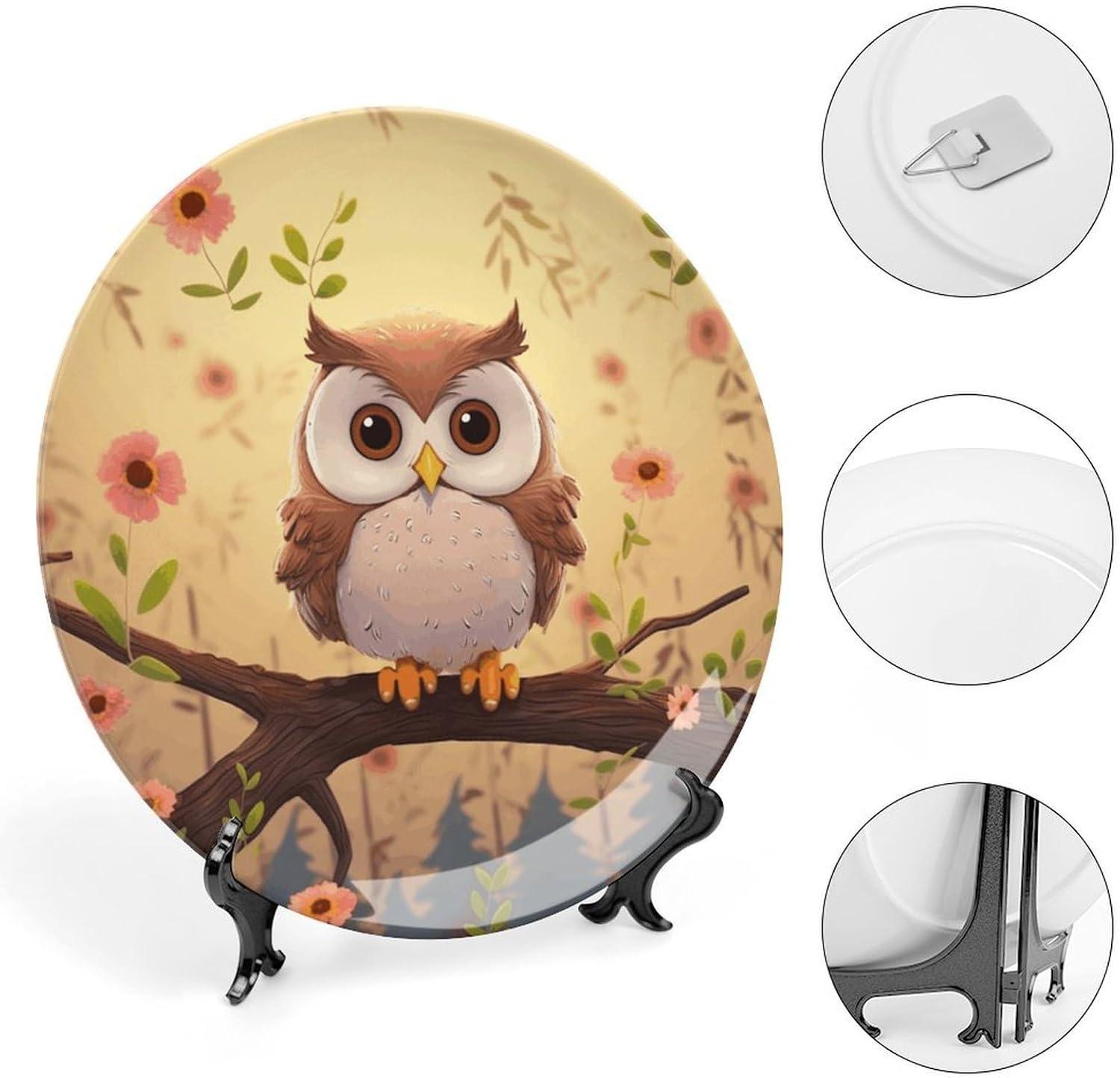 Cute Owl Ceramic Plate 10inch Decorative Bone China Wall Hanging Ornament Plates Bohemian Style Dinner Plate with Display Stand Cabinet Display Plates for Home Art Decor