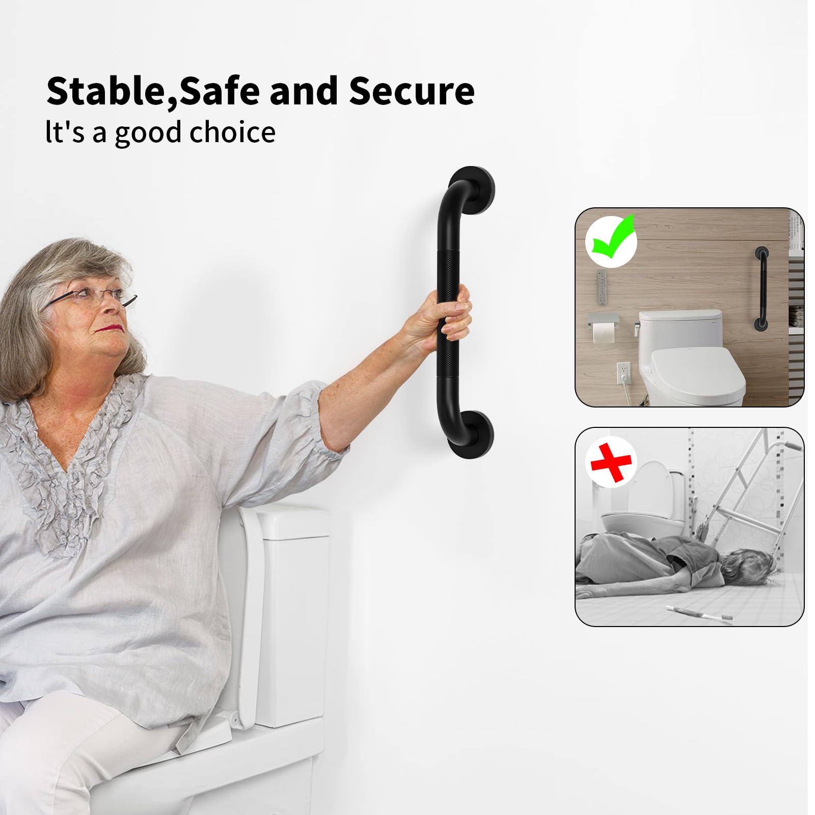 Munzong - Confezione da 3 barre antiscivolo da bagno, 40,6 cm, 61 cm, 81,3 cm, barra di bilanciamento di sicurezza nera, corrimano in acciaio inox per persone anziane