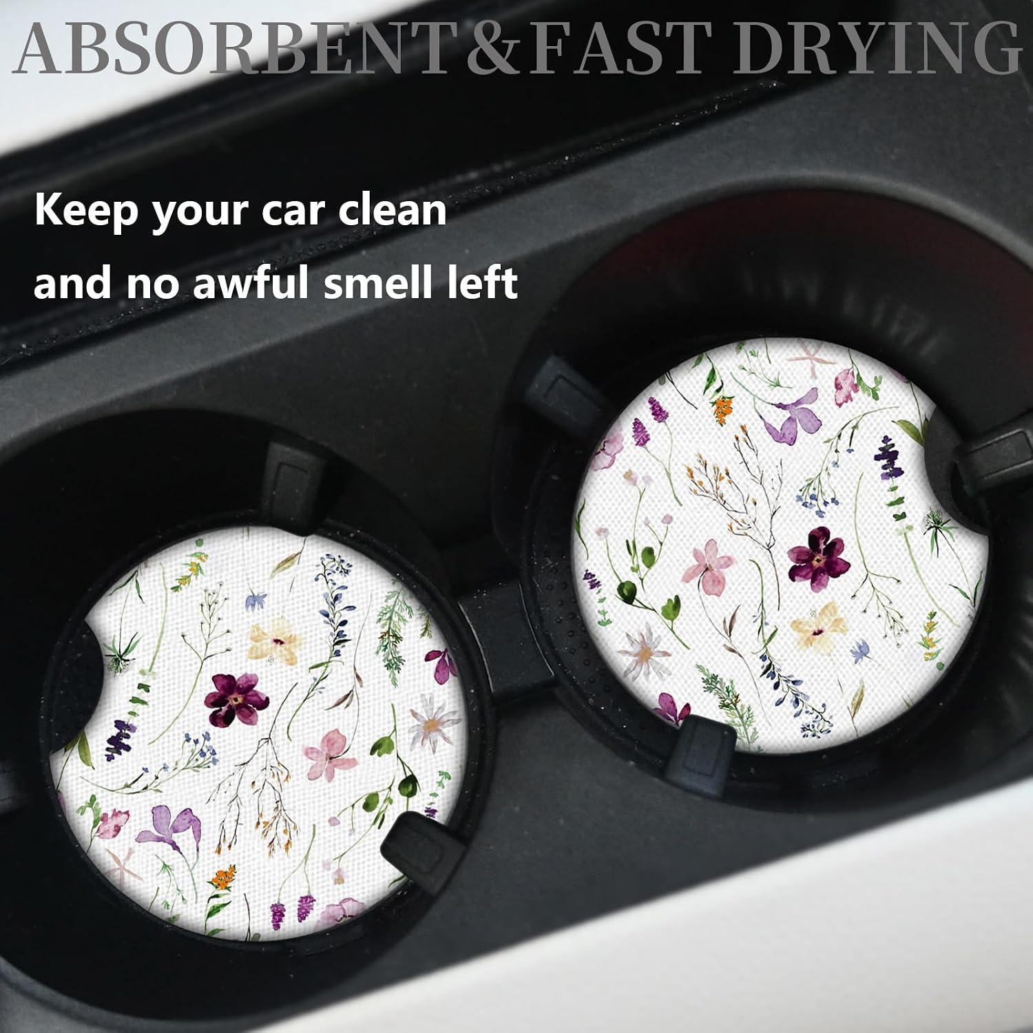Wildflowers Universal Auto Anti Slip Insert Coasters, 2 Pack Rubber Car Coasters with A Finger Notch image 2