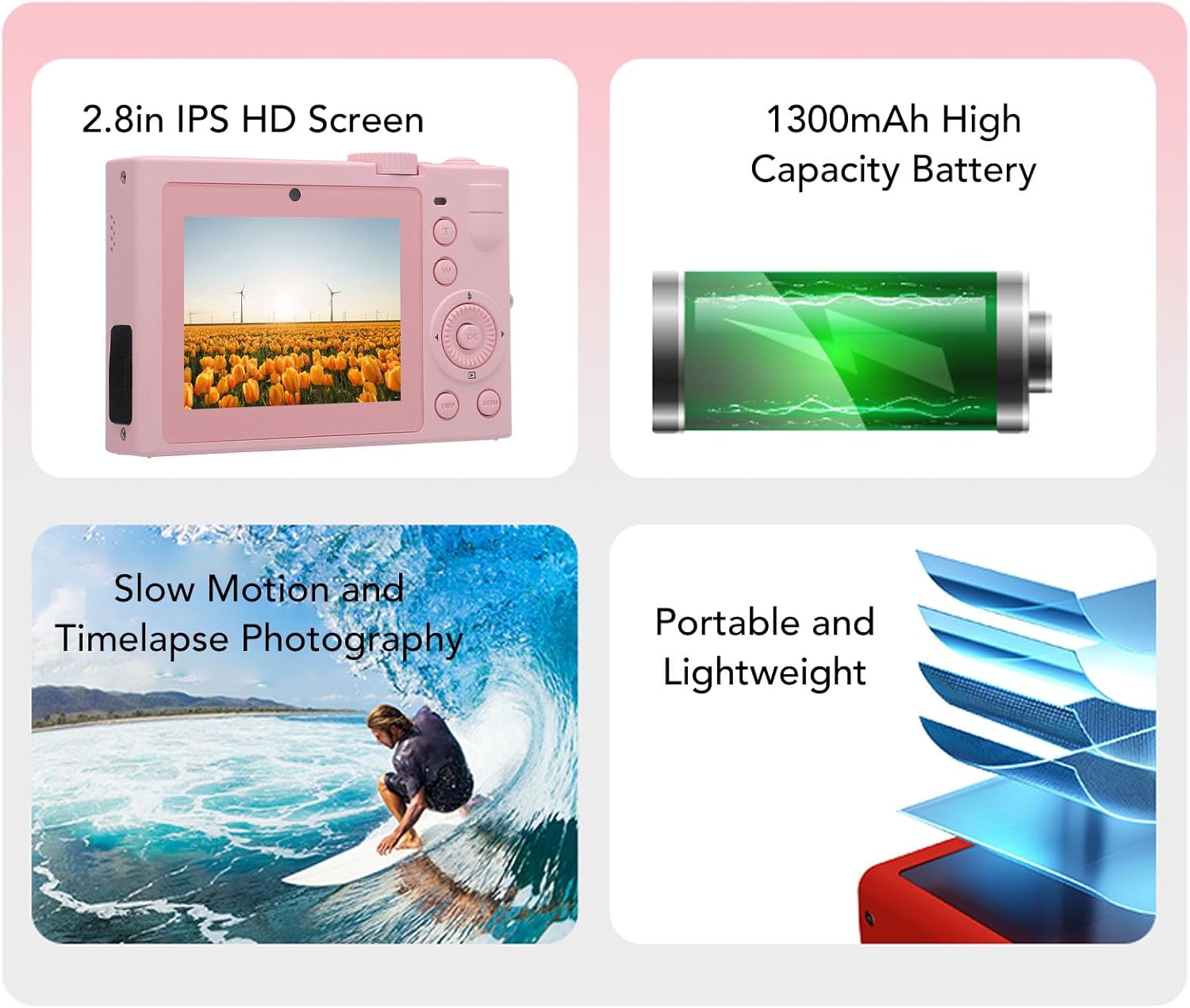 Bewinner 5K 72MP HD Digital Camera features: 2.8in HD Screen, 1300mAh Battery, Slow Motion and Timelapse, Portable and Lightweight