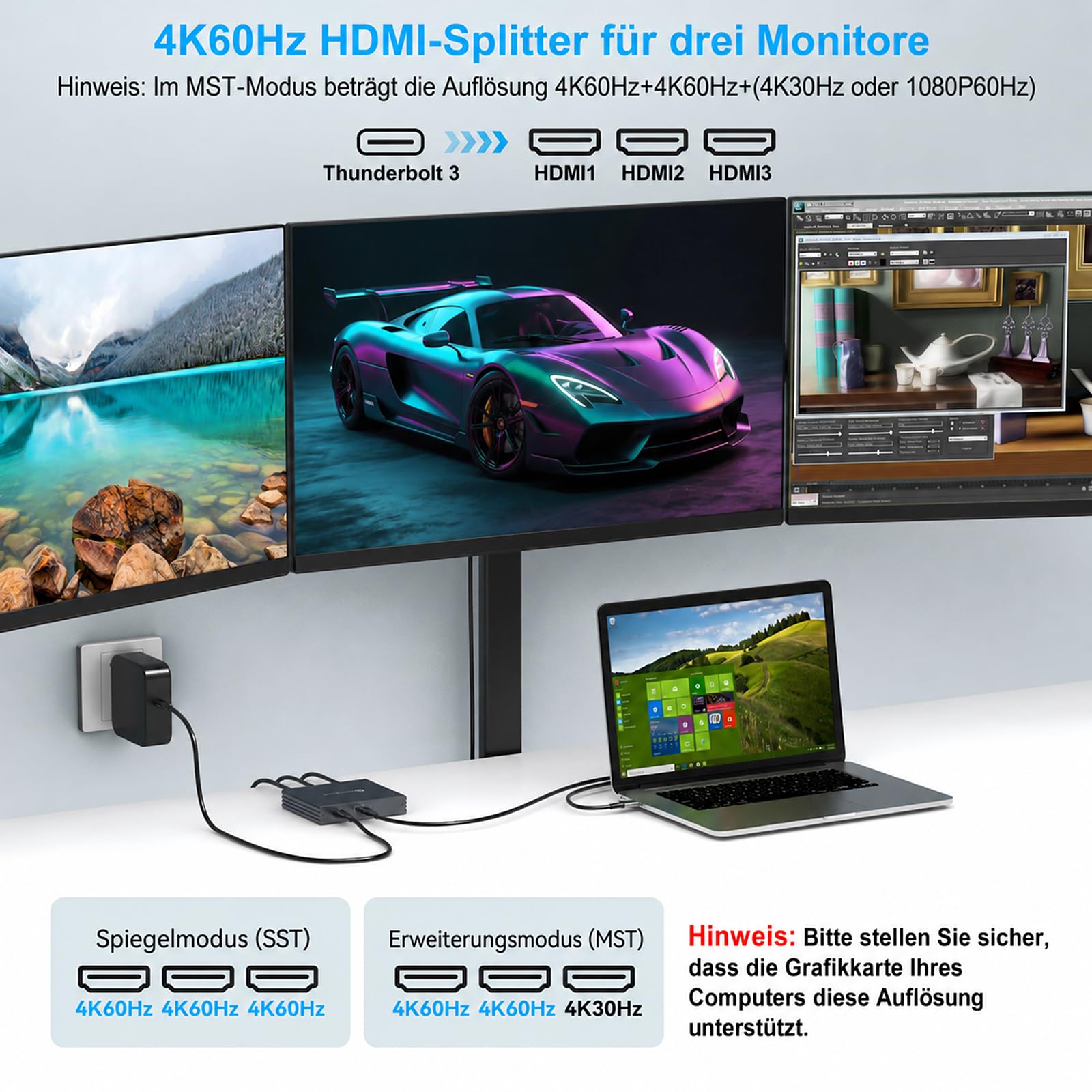 Adattatore da USB C a 3 HDMI, 4K a 60 Hz, splitter HDMI, 3 monitor contemporaneamente, espansione MST HUB USBC, splitter 1 in 3 out con funzione di ricarica PD da 100 W, compatibile con laptop