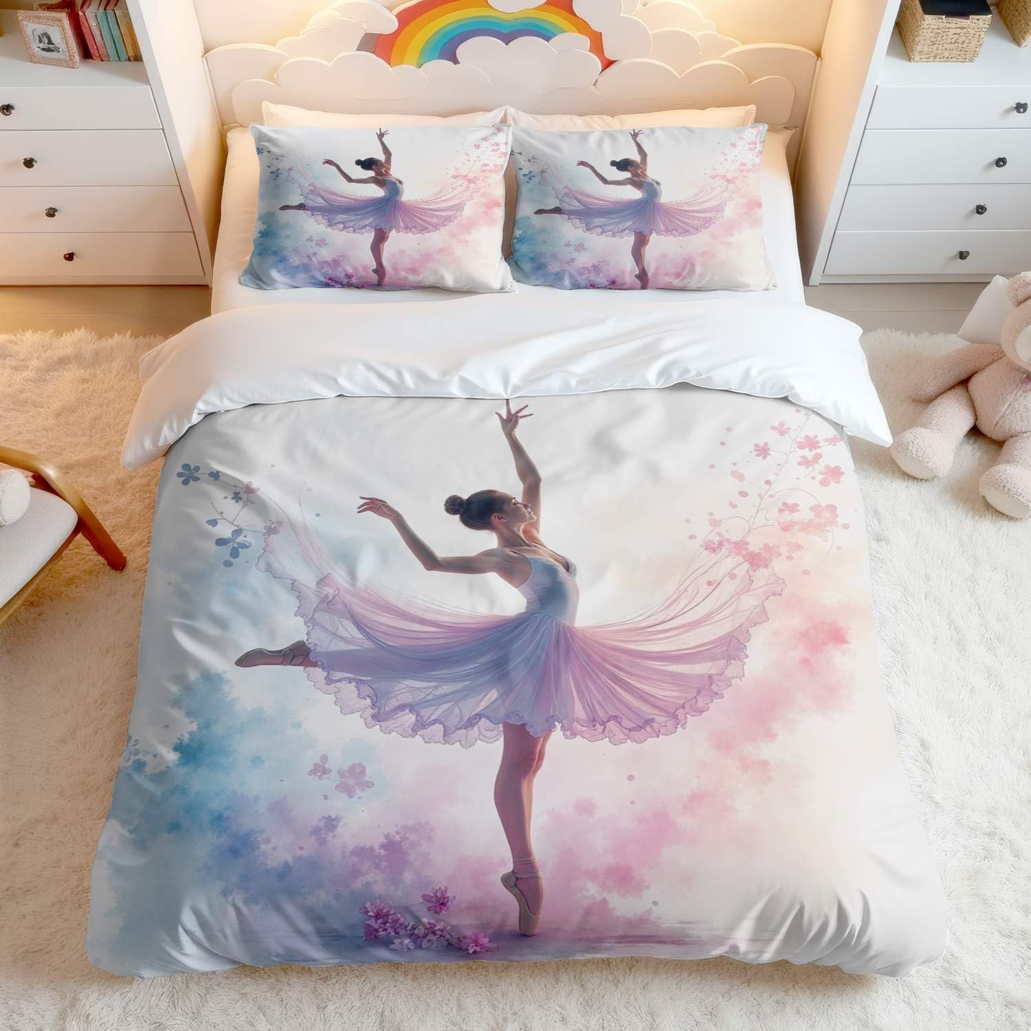 Parure de lit ballerine pour chambre de fille King avec 2 taies motif aquarelle
