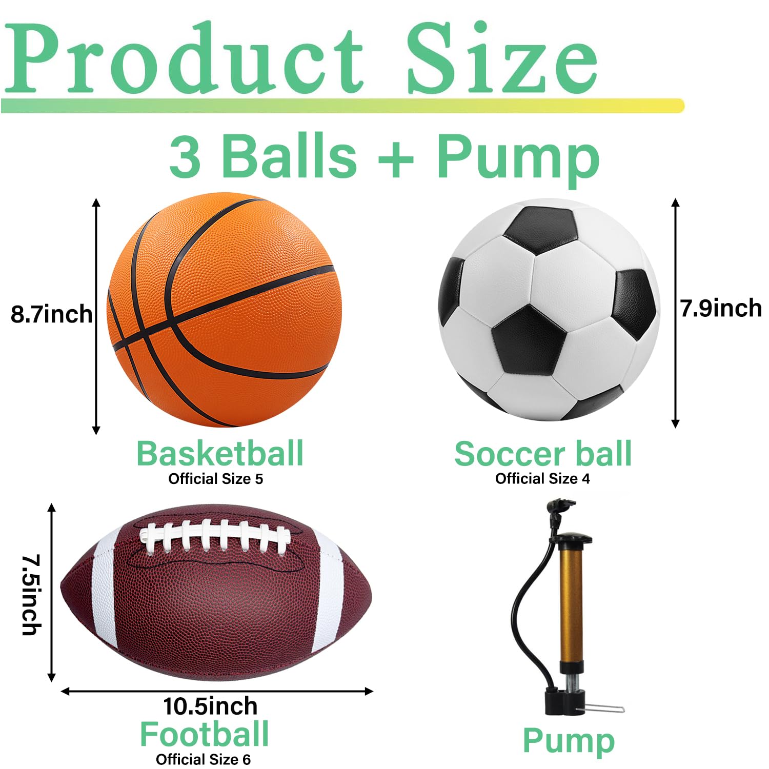 Juego de pelotas deportivas de 3 piezas, incluye baloncesto tamaño 5, pelota de fútbol talla 4, fútbol y bomba de fútbol tamaño 6, equipo deportivo con bolsa, regalo deportivo perfecto para 2