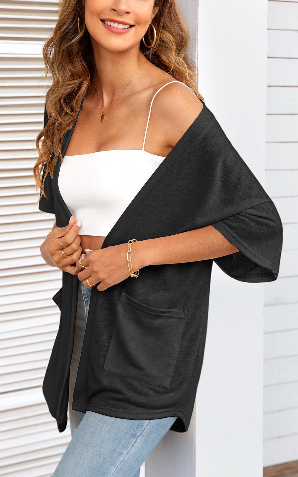 Cardigan a maniche corte da donna, leggero, estivo, kimono, casual, con tasche