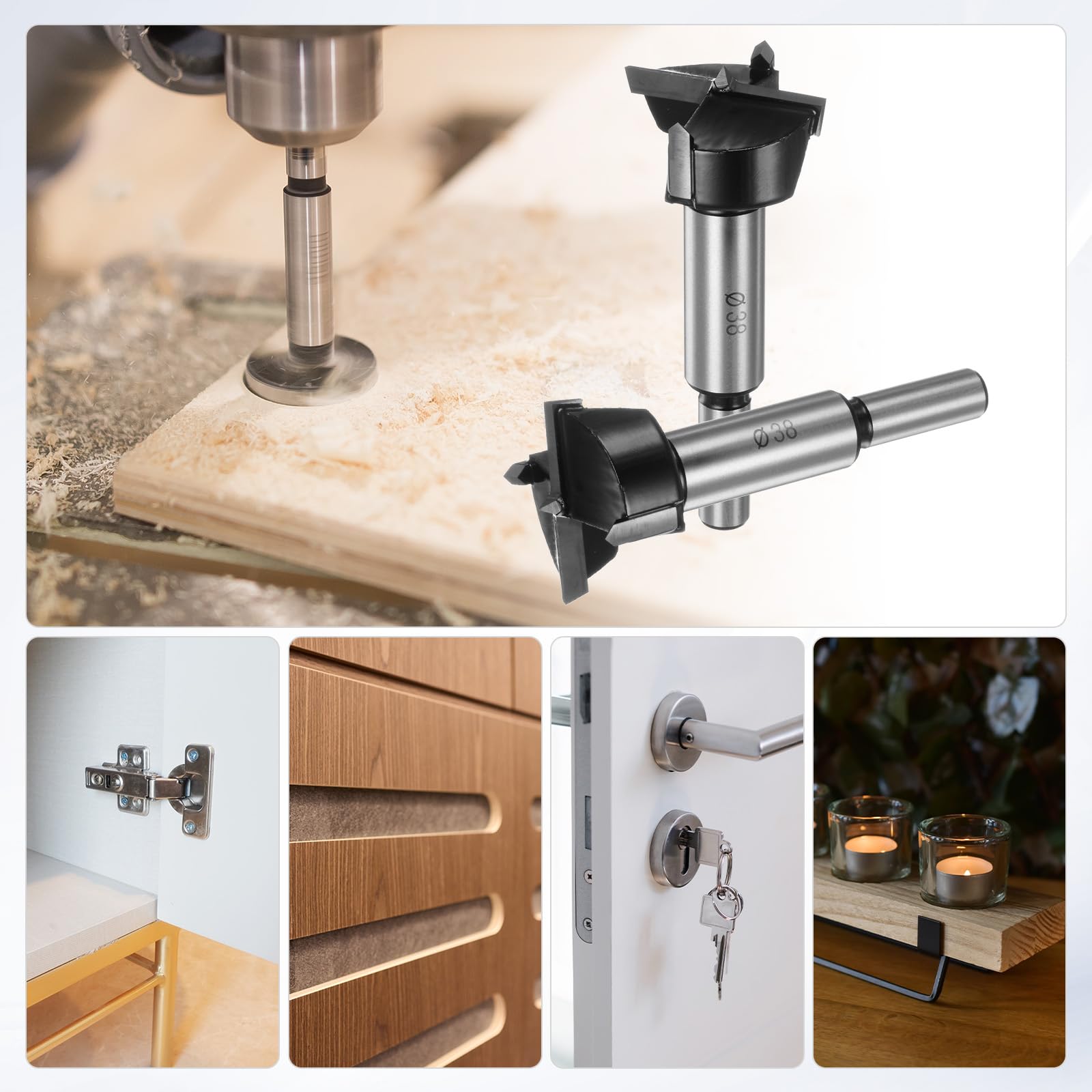 M METERXITY Forstner Mèche pour le travail du bois, 38 mm, pointe en carbure de tungstène à tige ronde pour bois dur/plastique/contreplaqué/MDF, ouvre-trou de perçage de trou de bois