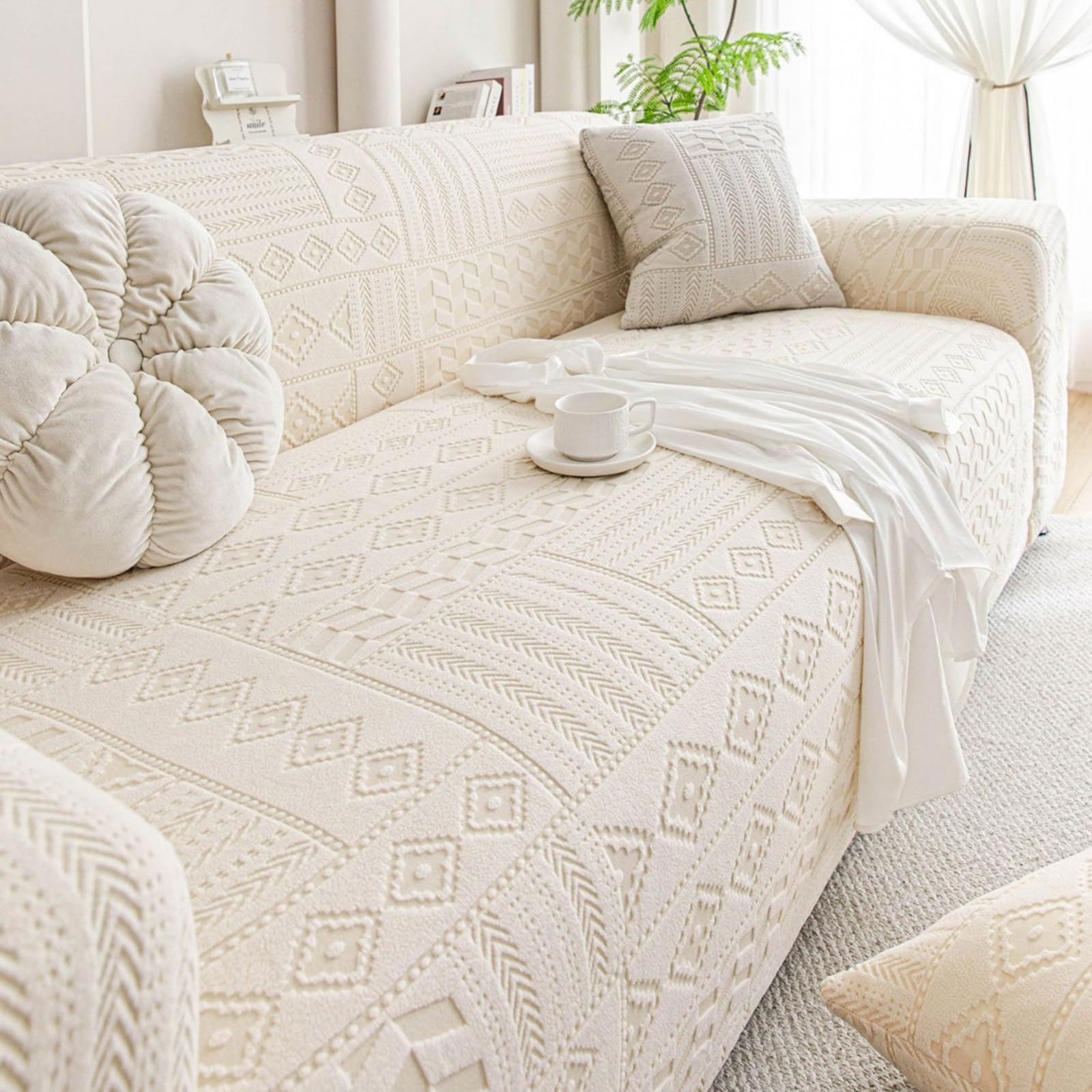 Odot Jacquard Bohémienne Housse de Canapé 1/2/3/4/5 Places (Beige,4 Places)