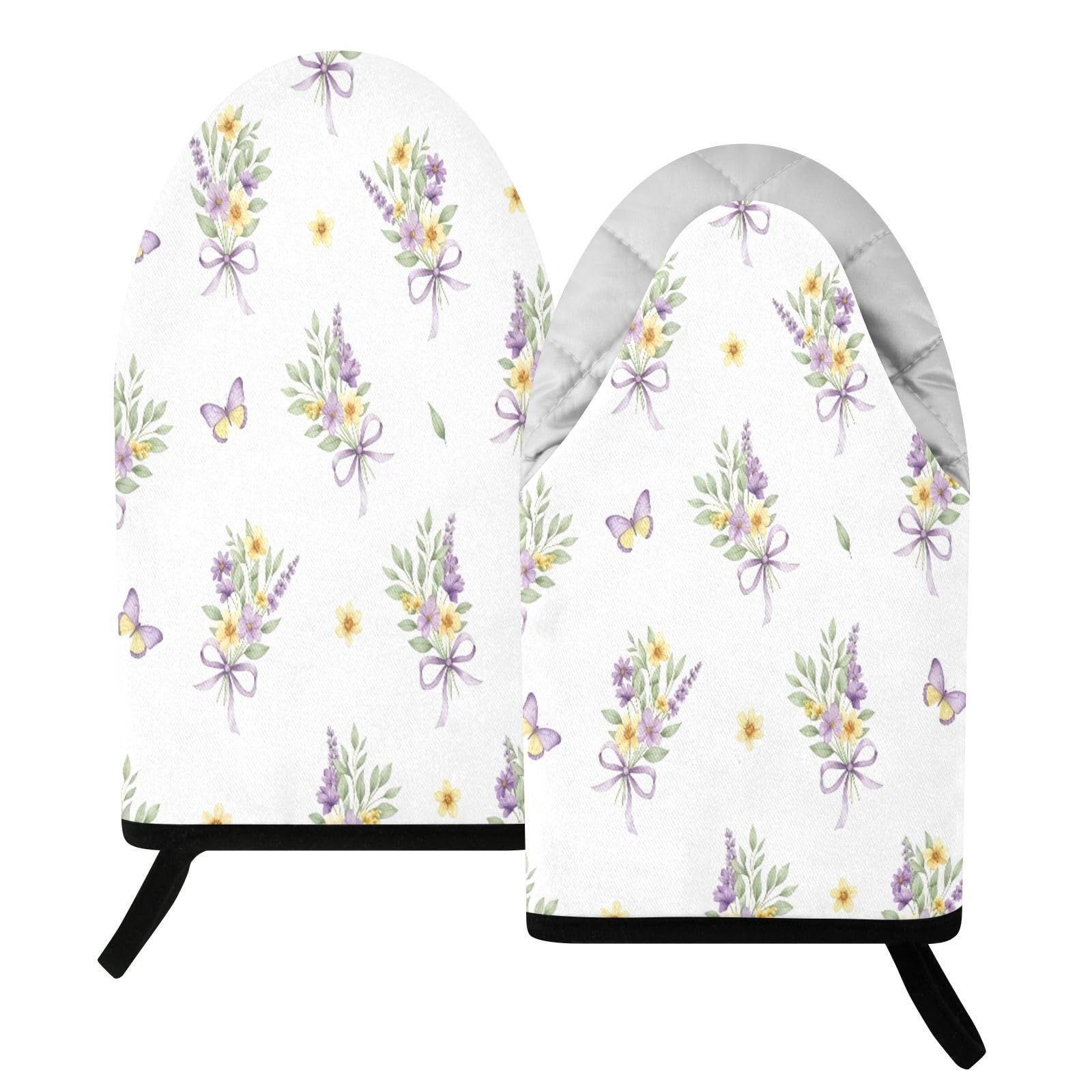 BURSTDDY Watercolor Wildflower Oven Mitt,Heat Resistant Kitchen Mitts for Cooking