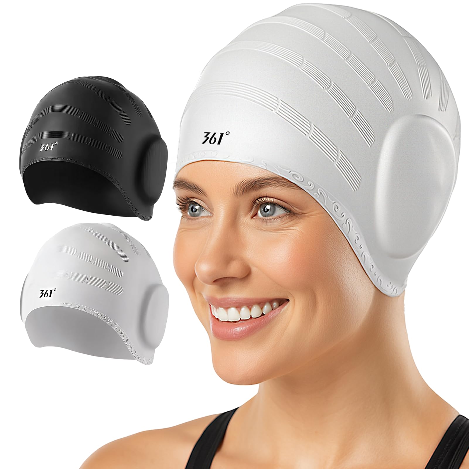 HRCOYES 2 Pack Swimming Cap for Women Men, Silicone Waterproof Swimming Hat with 3D Ear Protection, Keep Hair Dry Swim Cap Fits Long/Short Hair (black and white)