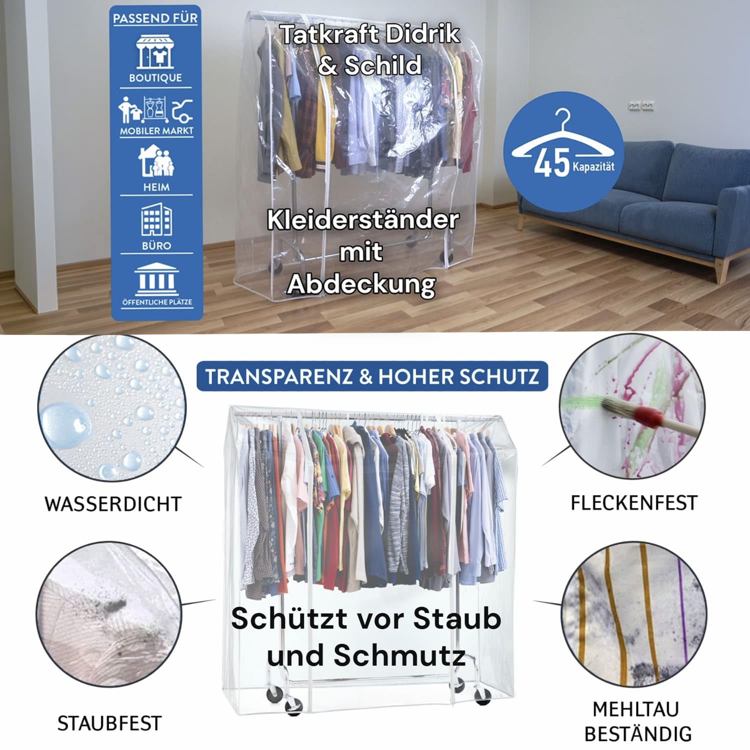 Tatkraft Didrik & Schild - Burro Ropa Resistente con Funda, Hasta 130 kg | Profesional Burro de Ropa con Ruedas, Armario de Tela, Anchura Ajustable 110-150x45x160cm, Perchero Burro Ropa, Acero Cromado