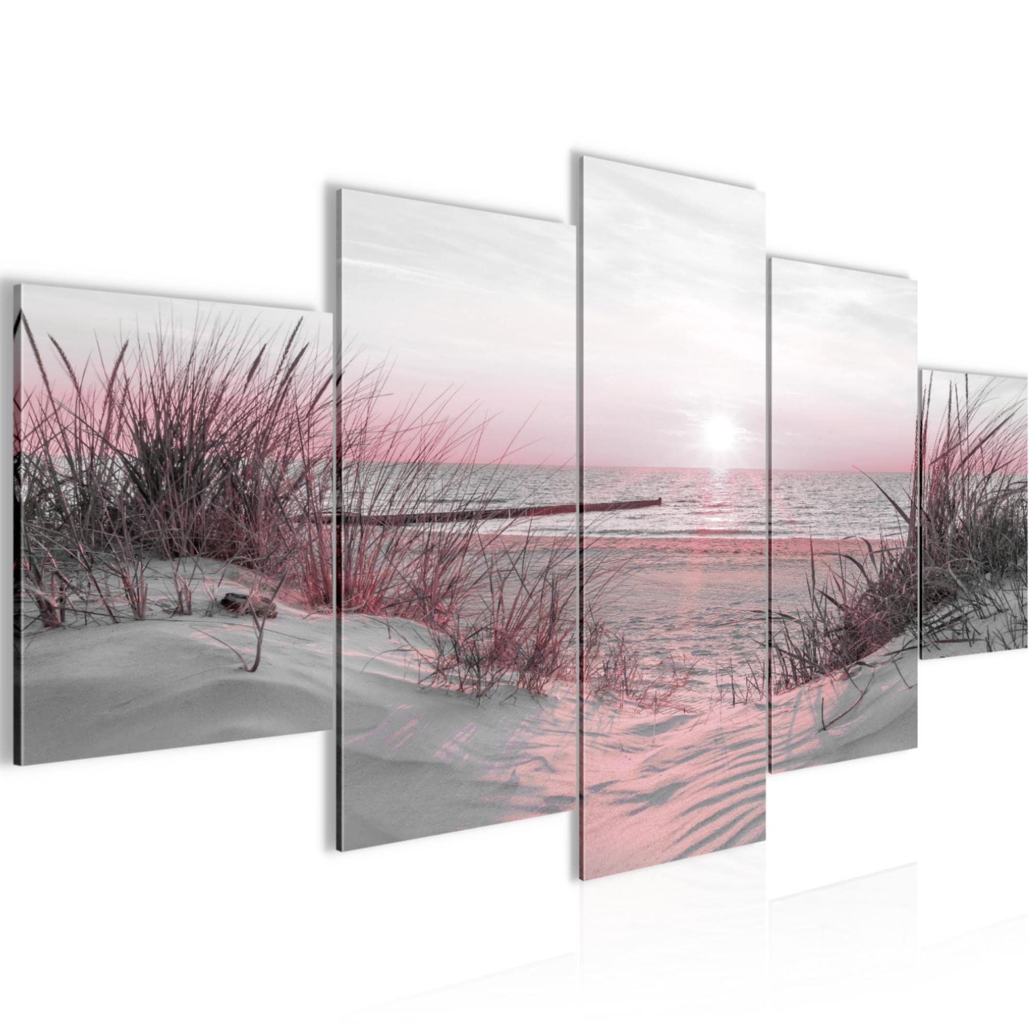Runa Art Beach B Beach Sunset Canvas Wall Art Non-Woven 5 Pieces Sea Nature Pink Grey Bedroom Living Room 041753B