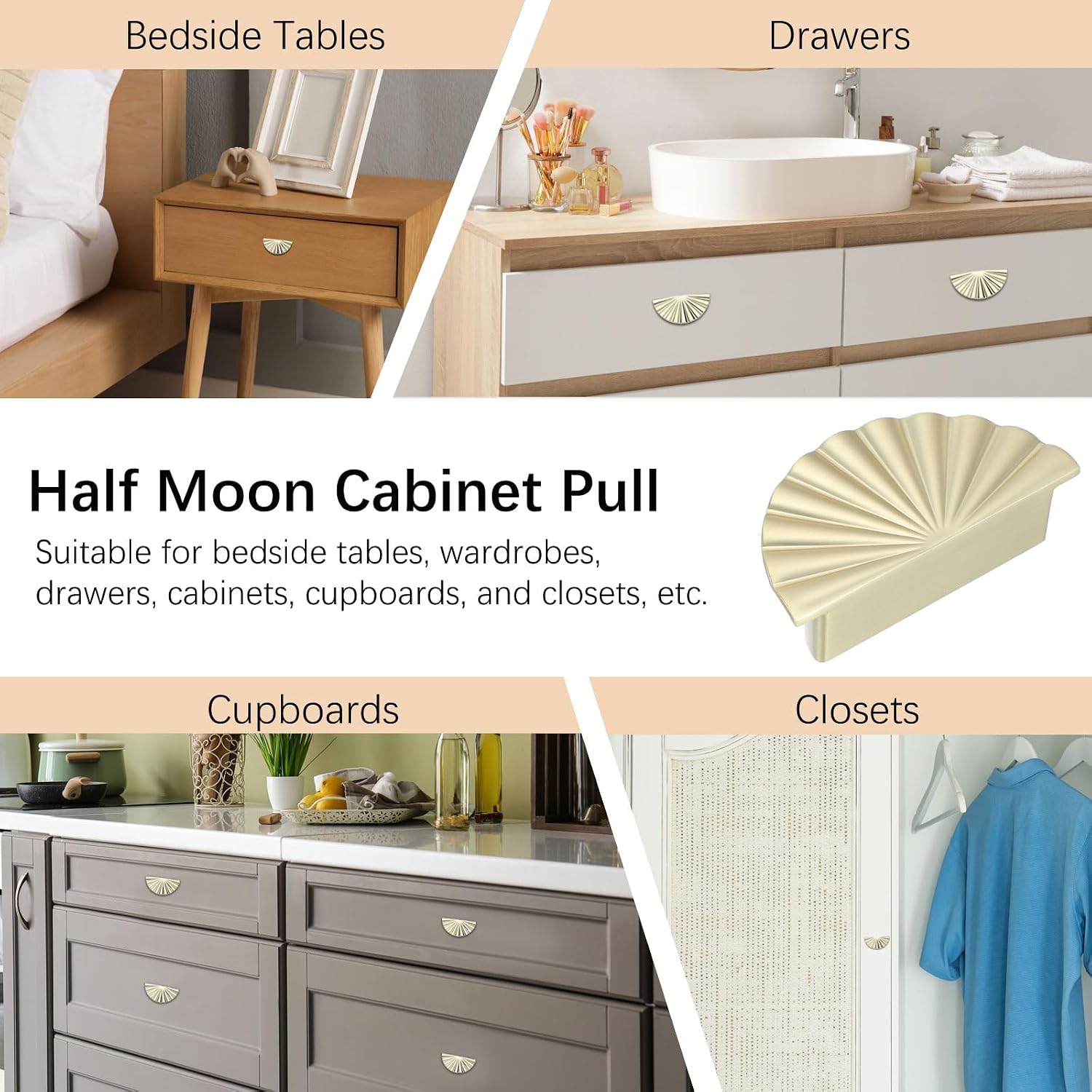Half Moon Cabinet Pulls Zinc Alloy Drawer Pulls Cabinet Handles Knobs with Screws, 2.5 Inch Hole Center Fit for Cabinets Drawers Wardrobes - Semicircle (10 Pack, Brushed Gold)
