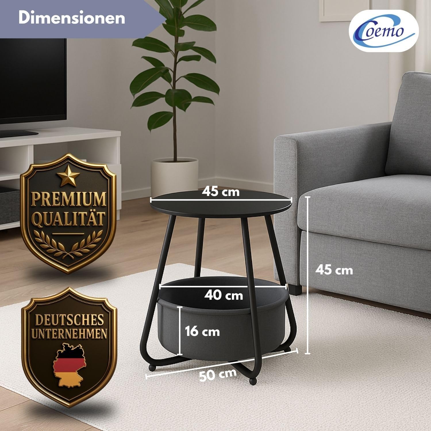 Coemo Couchtisch KOSI aus Metall Ø45x45cm mit Aufbewahrungskorb, Schwarz
