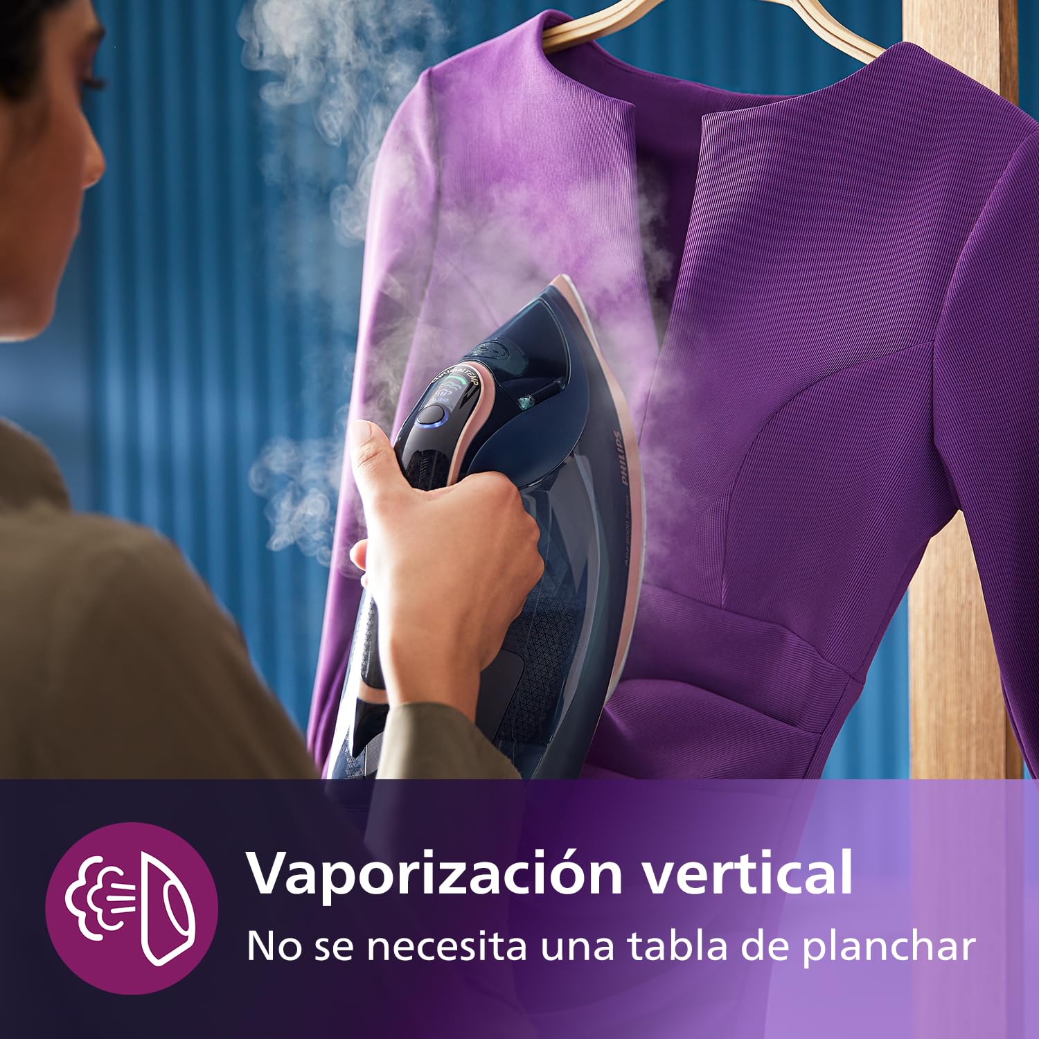 Philips Azur Serie 8000 Plancha De Vapor - 85 g/min De Vapor Continuo, 260 g De Impulso De Vapor Turbo, 3000 W, Tecnología OptimalTEMP, Suela SteamGlide Elite, Azul Oscuro (DST8050/20) | Depósito de 350 ml, sistema antical integrado, tecnología OptimalTem