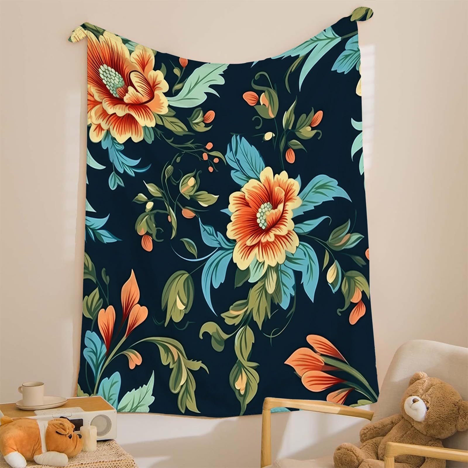 Generisch Puszysty koc do wtulania się w pomarańczowe kwiaty, 200 x 200 cm, miękki i dwustronny, ciemnoniebieski koc polarowy, idealny koc na sofę i łóżko, AL35